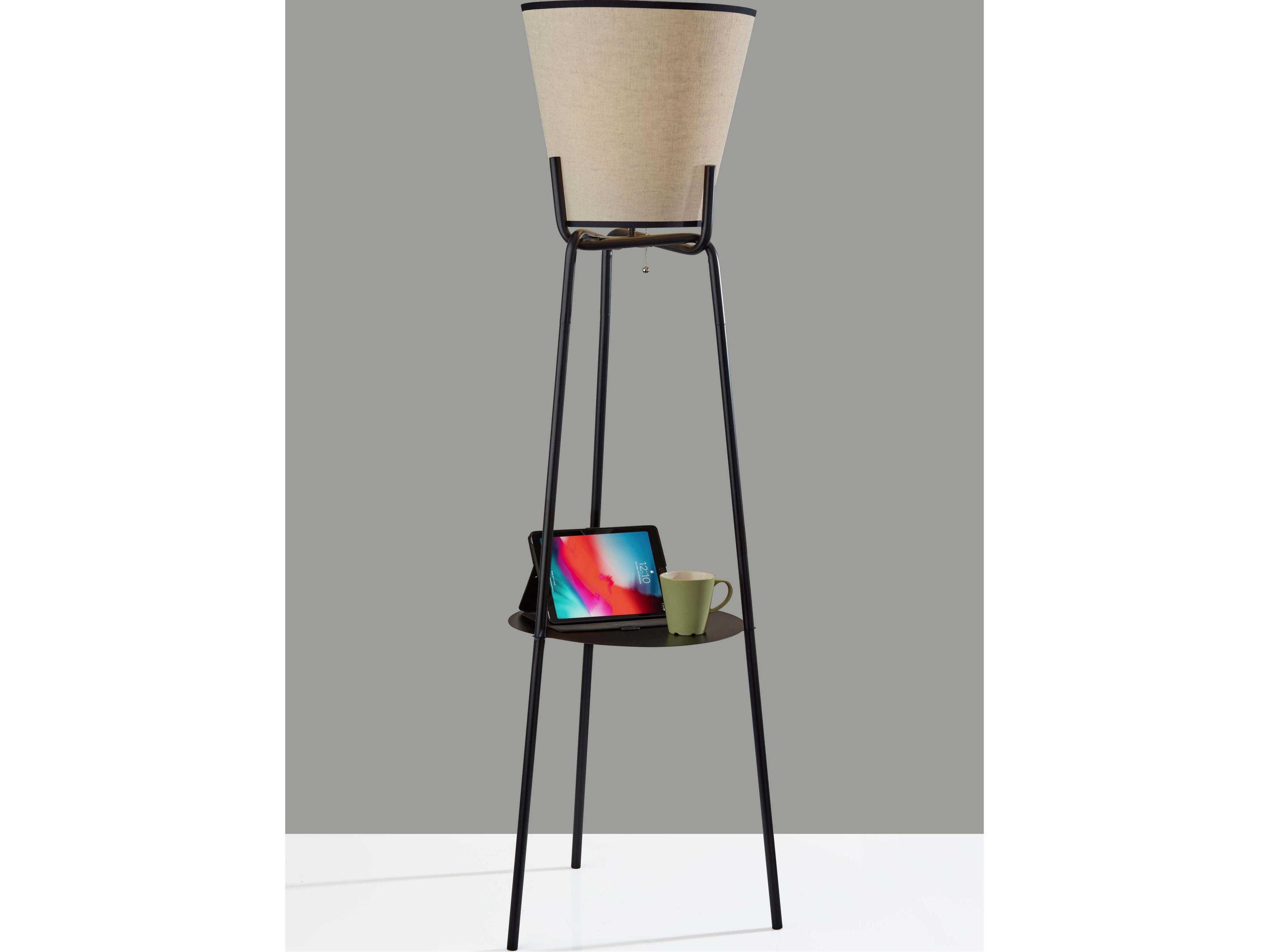 Adesso Zeek Black Cream Textured Fabric With Trim Traditional Floor Lamp