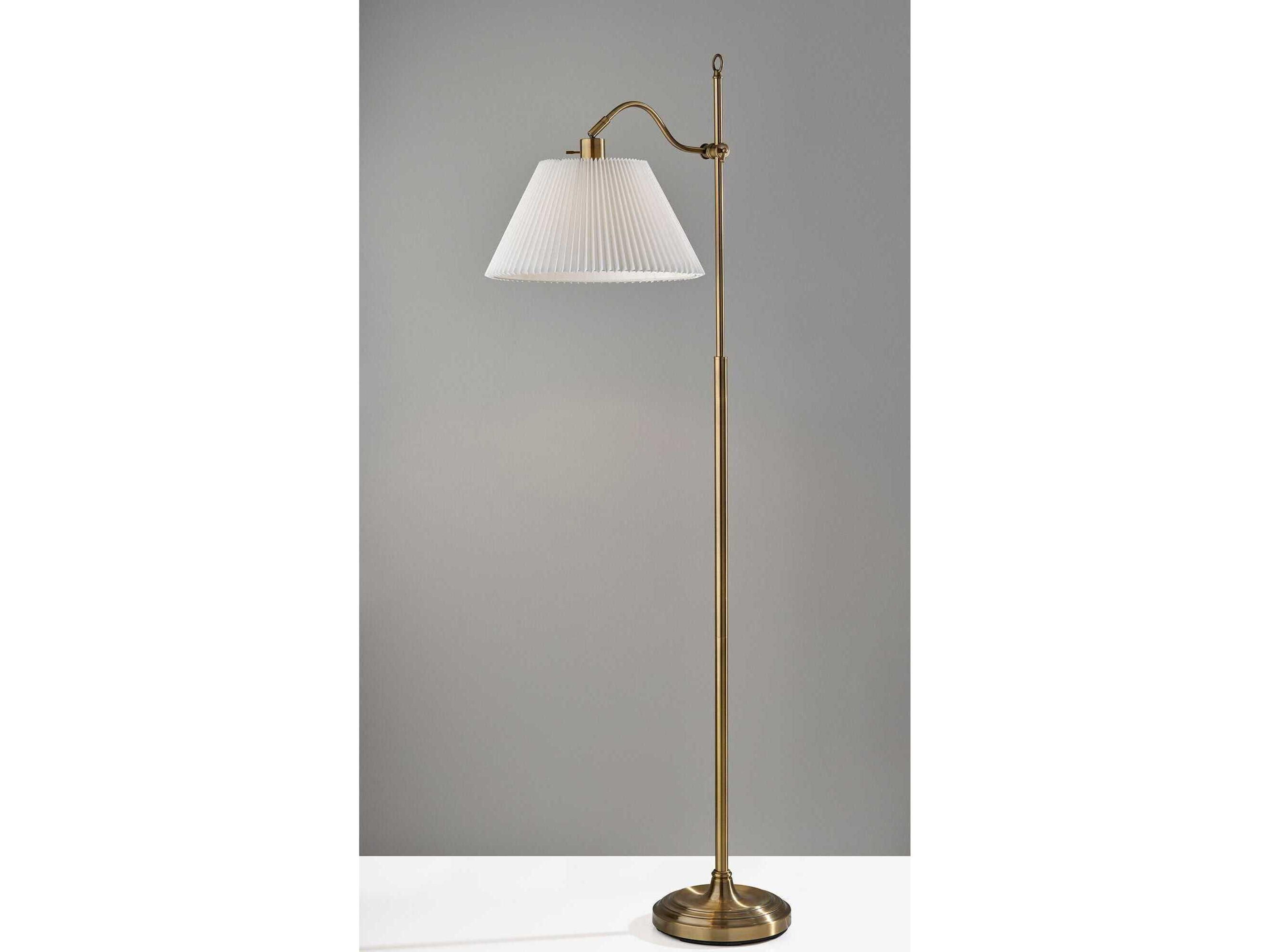 Adesso Derby Antique Brass White Pleated Floor Lamp