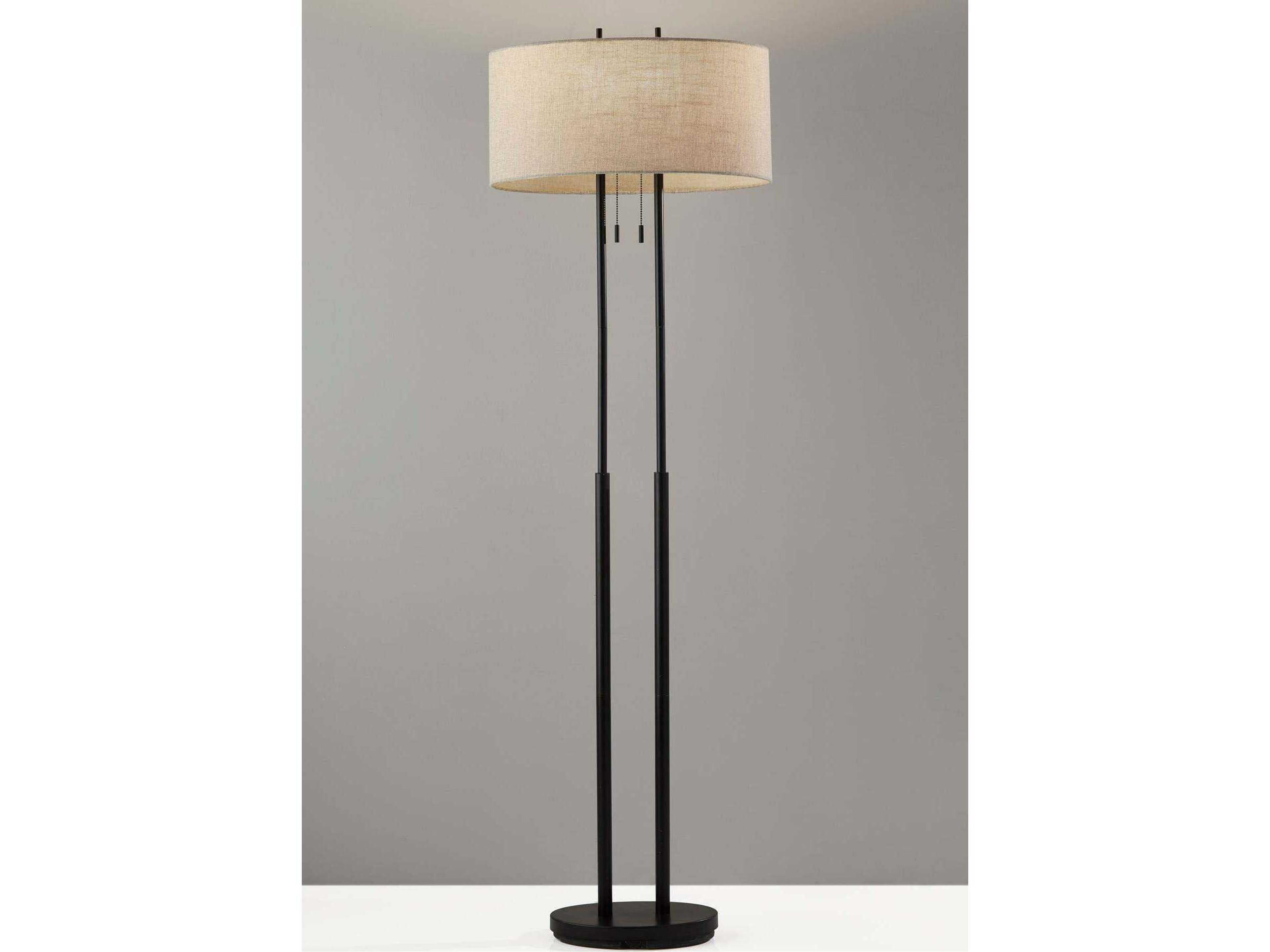 Adesso Duet Antique Bronze Taupe Textured Fabric Floor Lamp