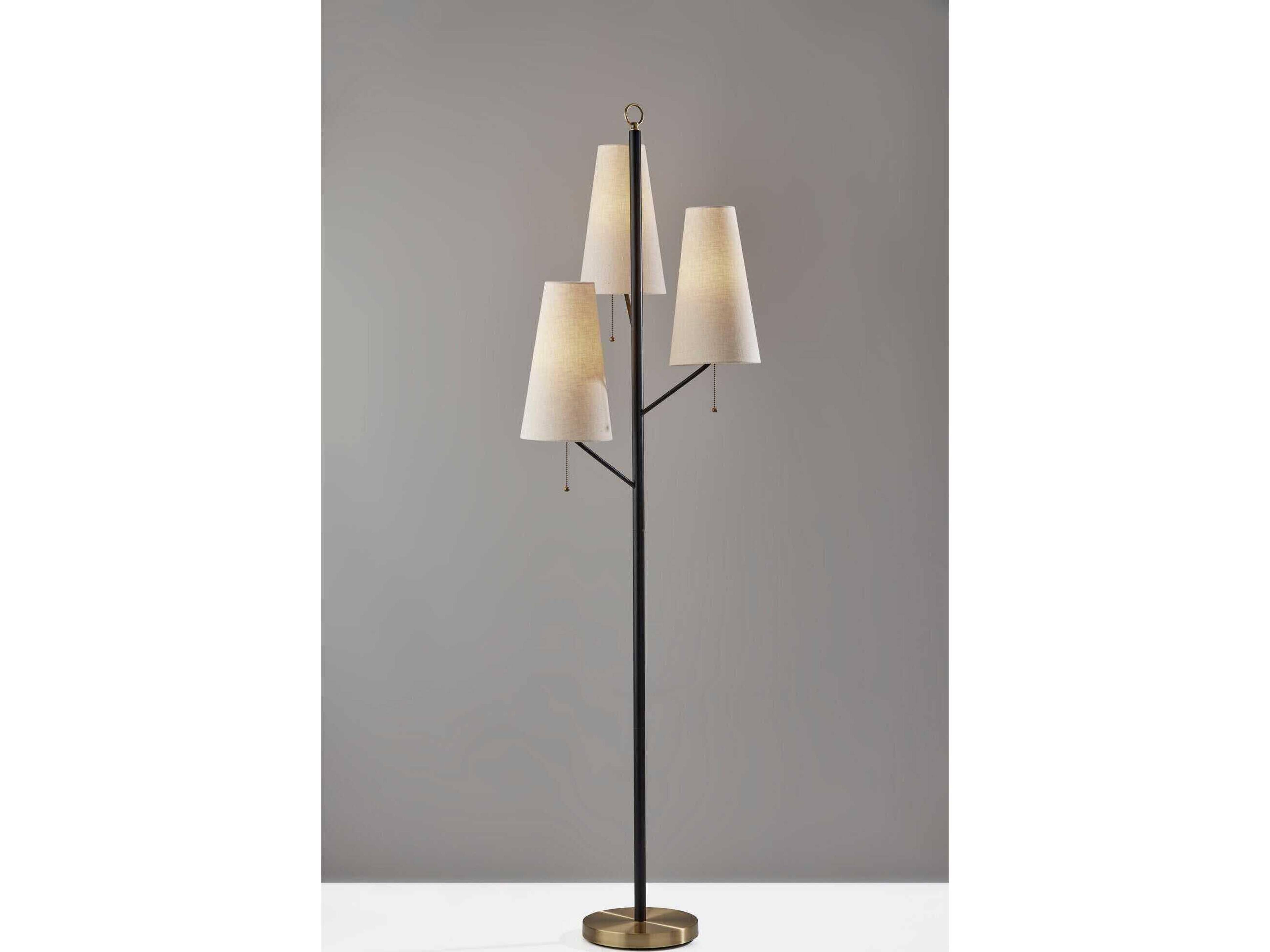Adesso Daniel Black Antique Brass Cream Textured Fabric Floor Lamp