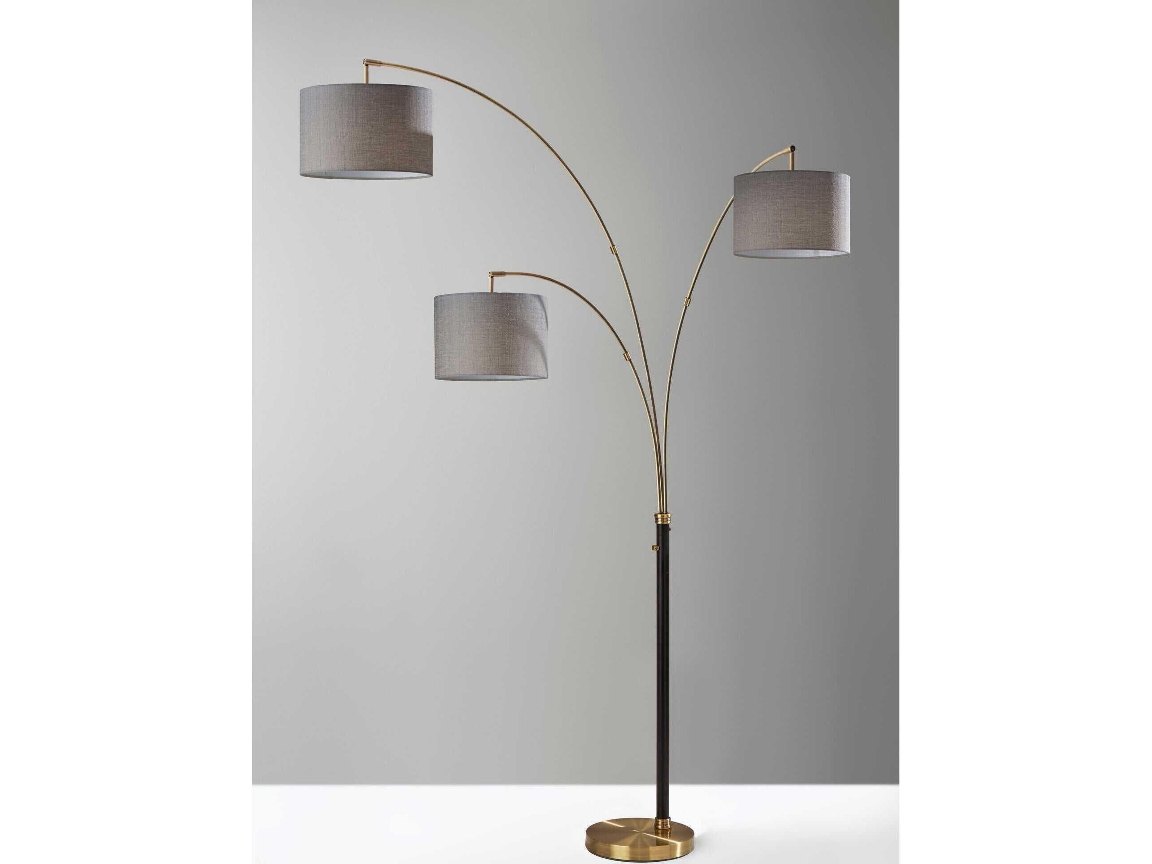 Adesso Bergen Black Antique Brass Grey Textured Fabric Floor Lamp