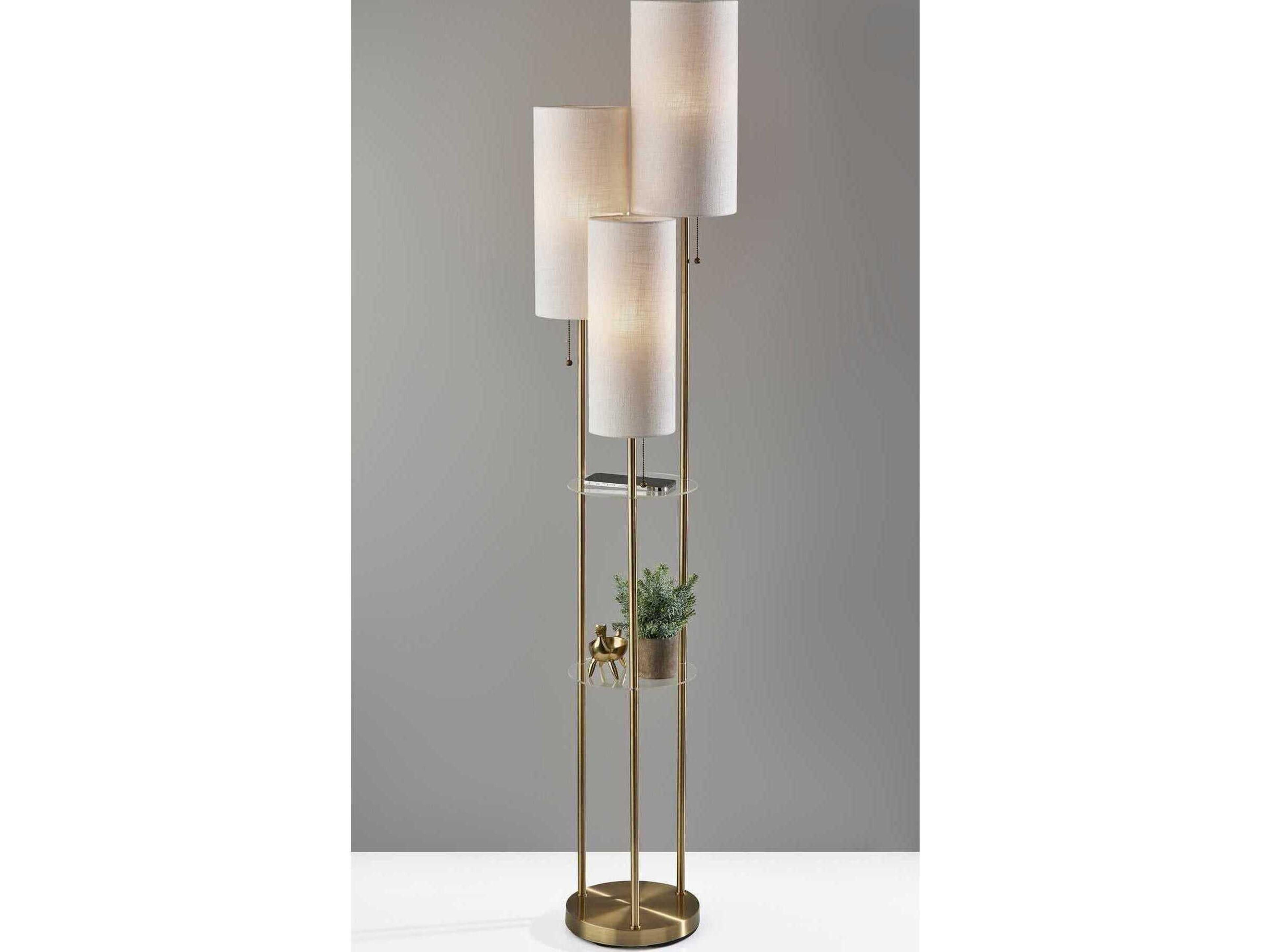 Adesso Trio Antique Brass Cream Textured Fabric Floor Lamp