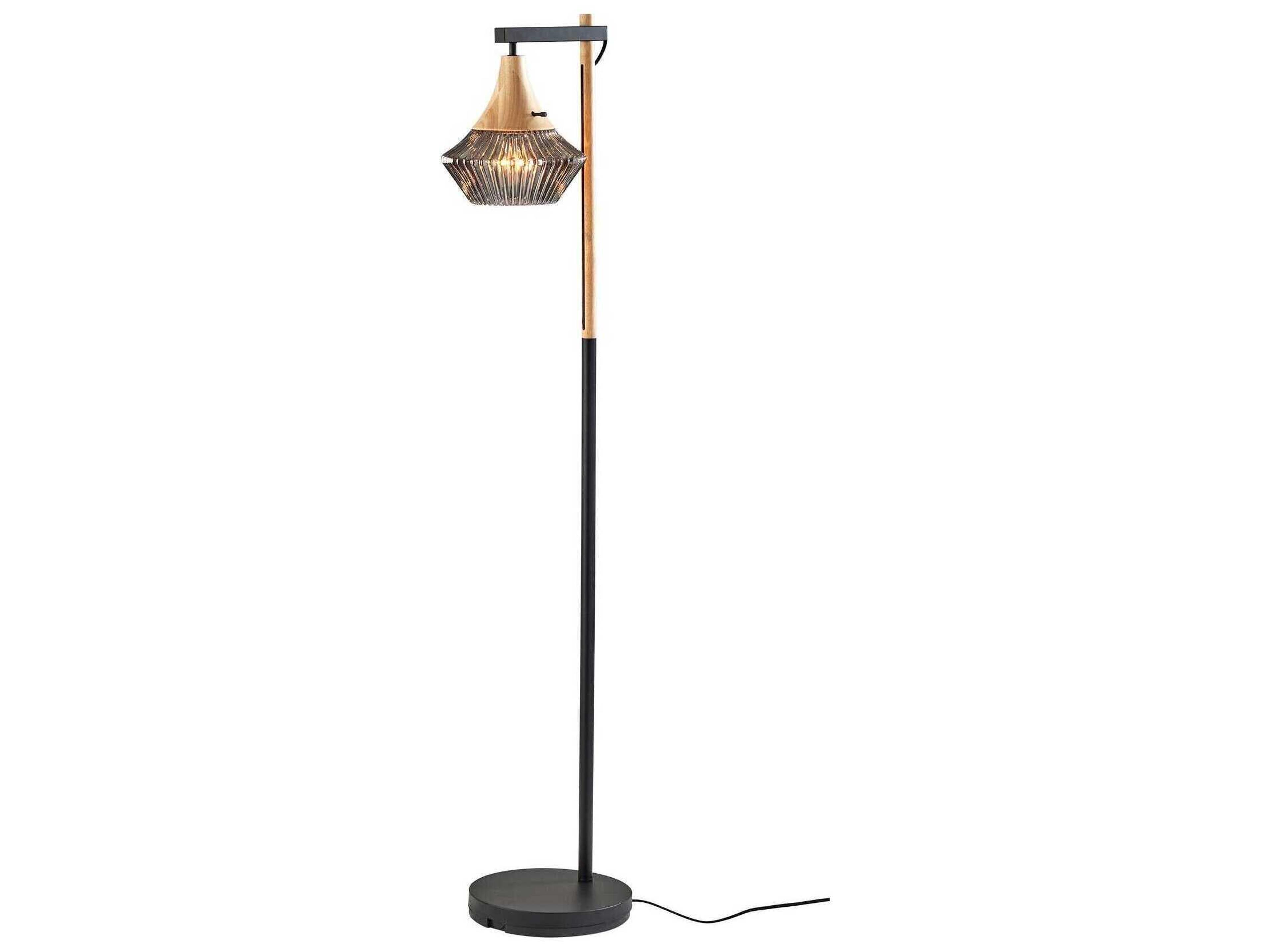 Adesso Elsie Black Natural Smoked Ribbed Glass Floor Lamp
