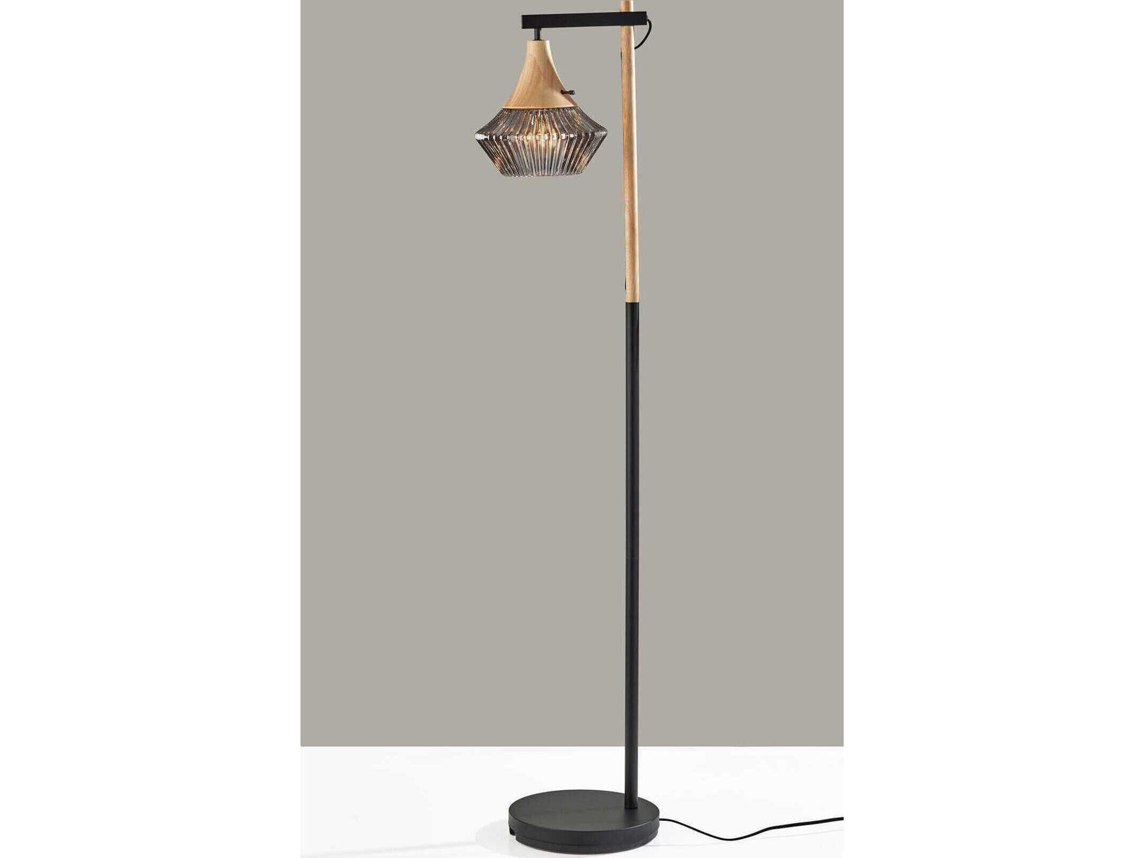 Adesso Elsie Black Natural Smoked Ribbed Glass Floor Lamp