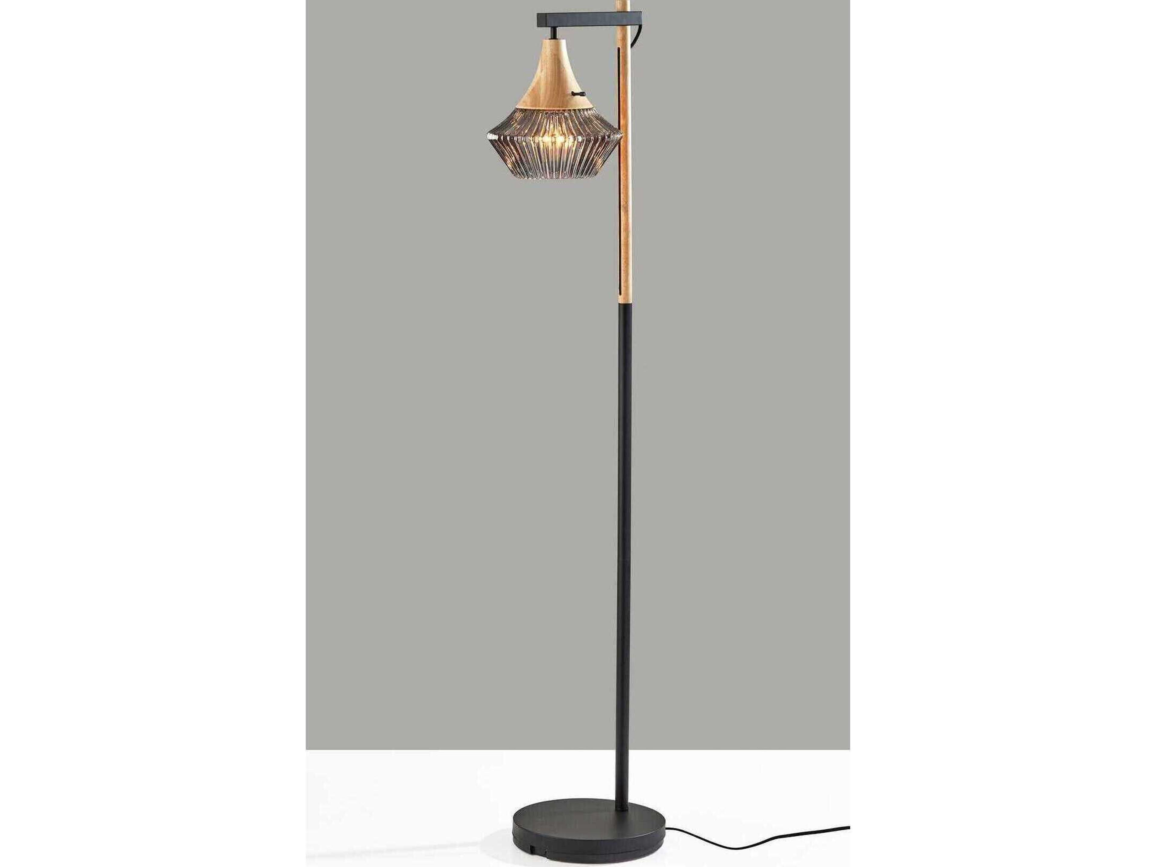 Adesso Elsie Black Natural Smoked Ribbed Glass Floor Lamp
