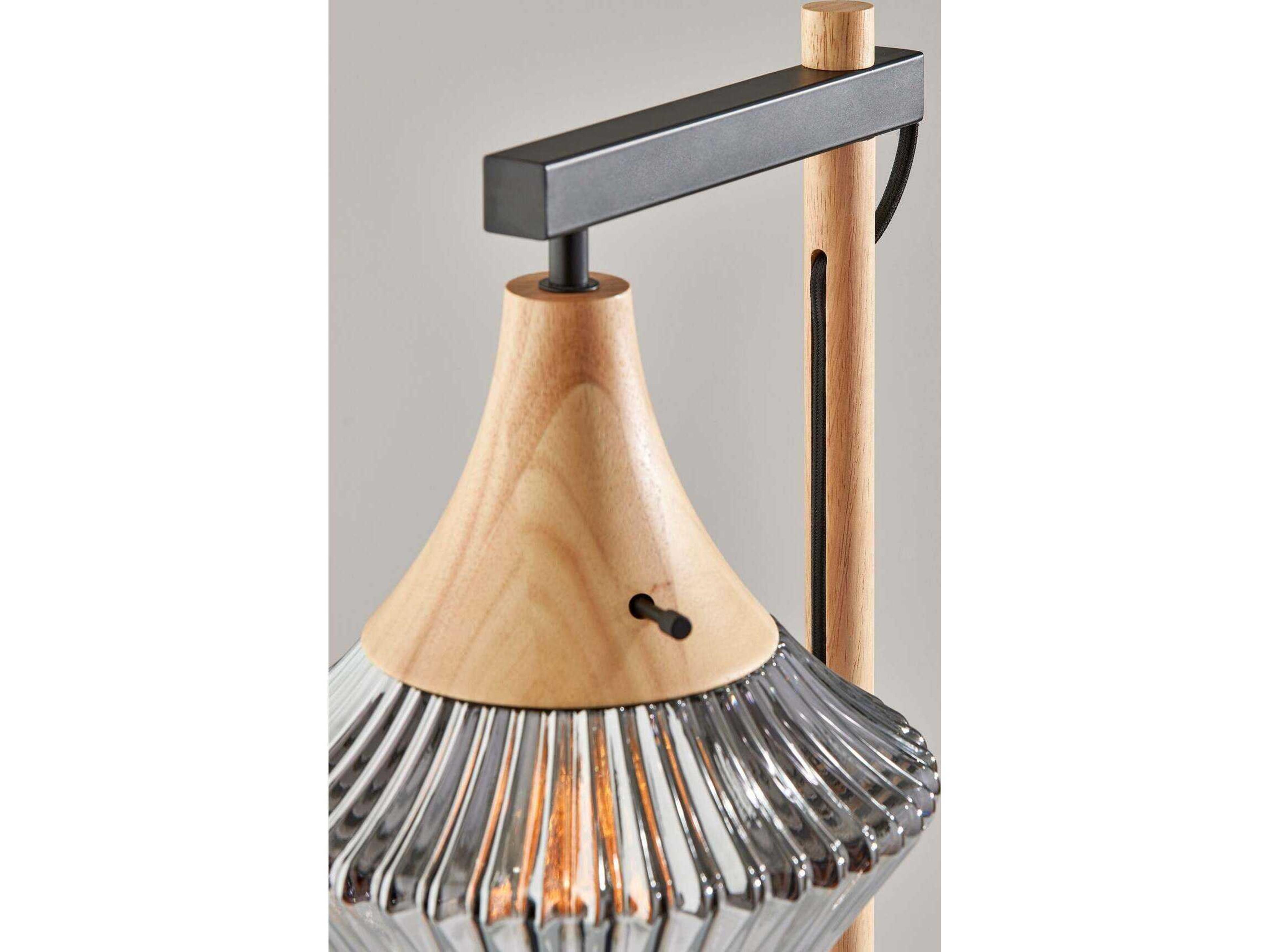 Adesso Elsie Black Natural Smoked Ribbed Glass Floor Lamp