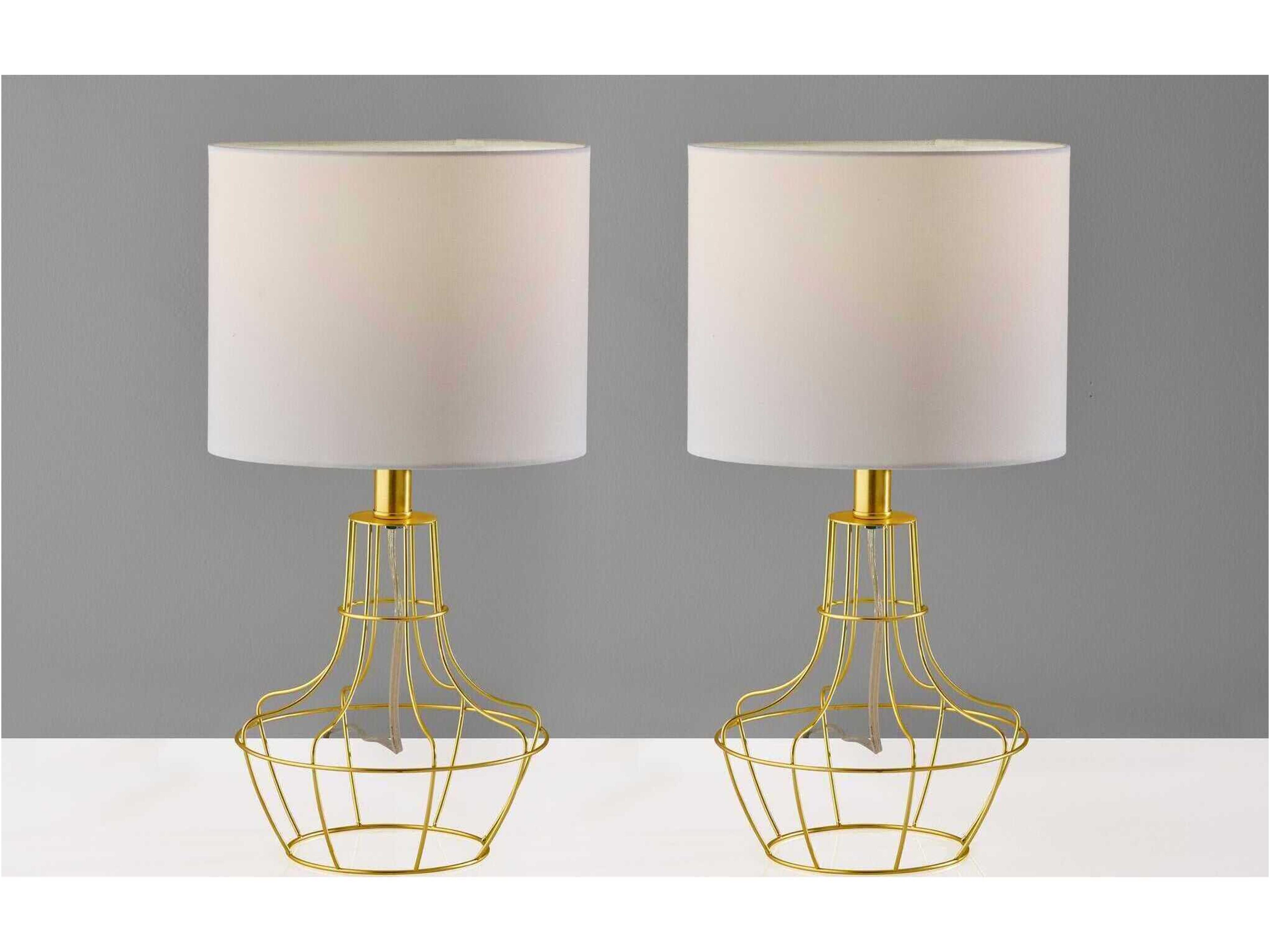 Adesso Stella Antique Brass White Fabric Table Lamp Set of 2