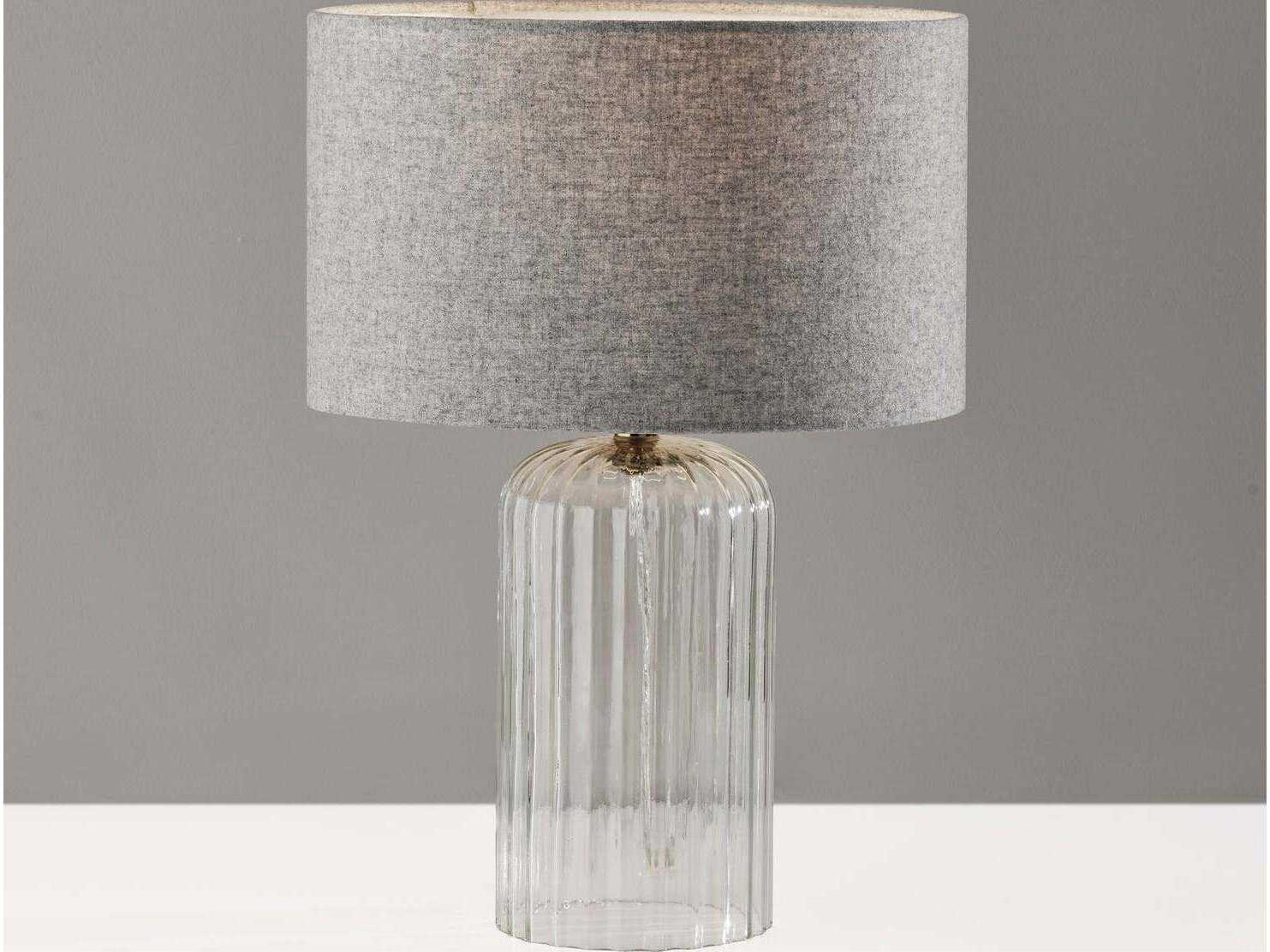 Adesso Carrie Clear Ribbed Glass Antique Brass Soft Touch Grey Fabric Table Lamp