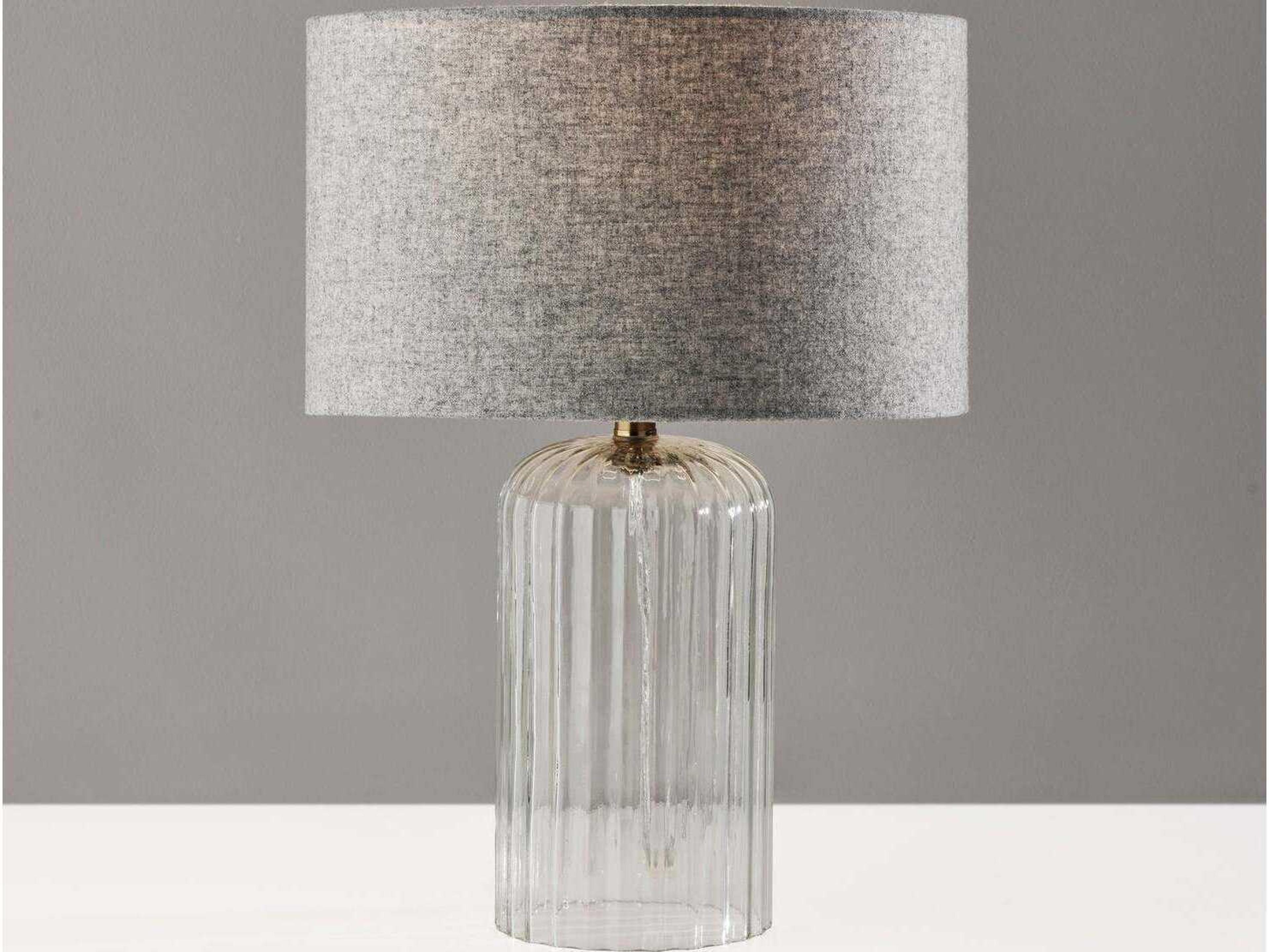 Adesso Carrie Clear Ribbed Glass Antique Brass Soft Touch Grey Fabric Table Lamp