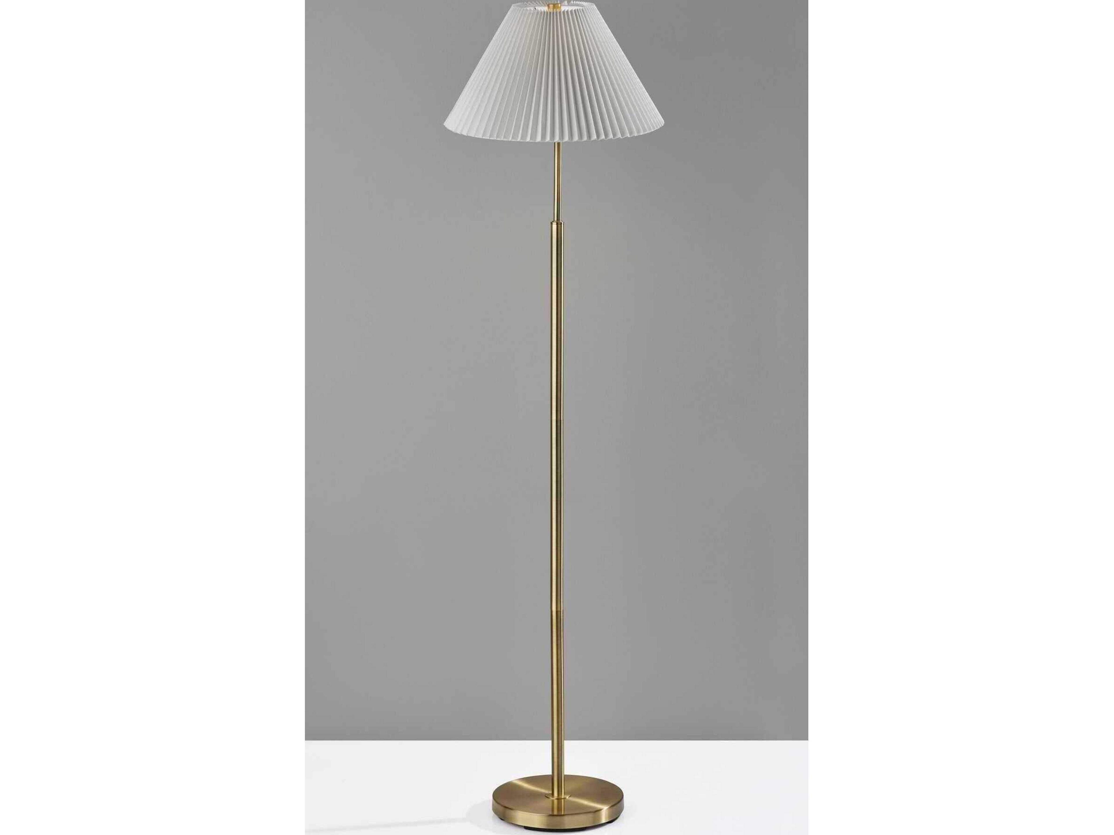 Adesso Jeremy Antique Brass White Pleated Fabric Floor Lamp