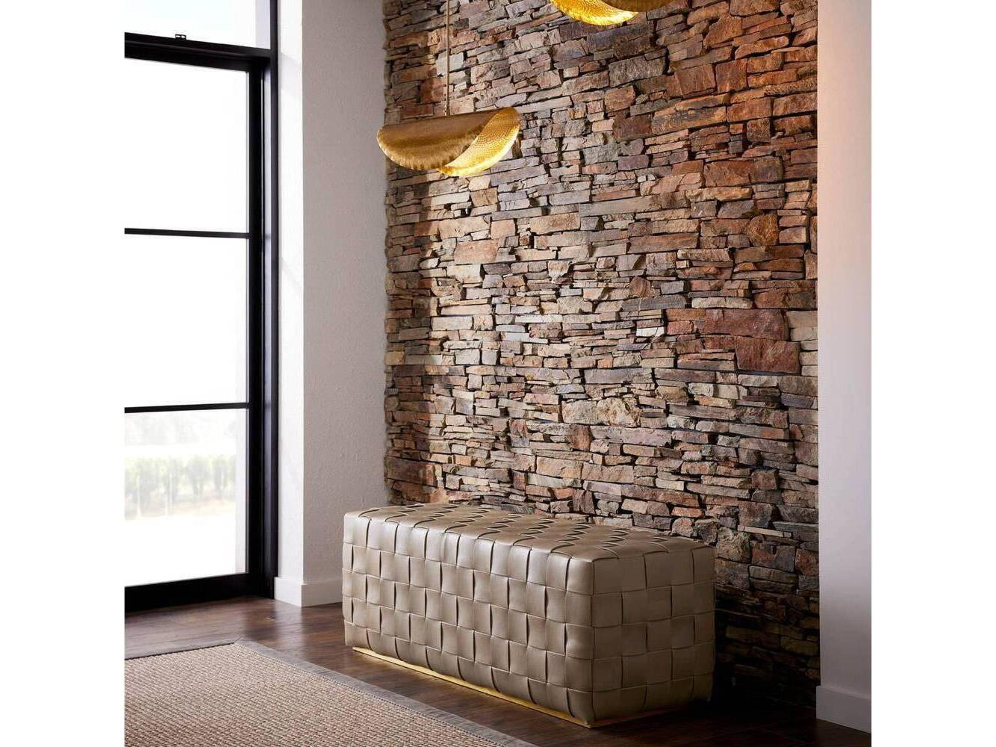 Arteriors Home Lakewood Stone Antique Brass Gray Leather Accent Bench