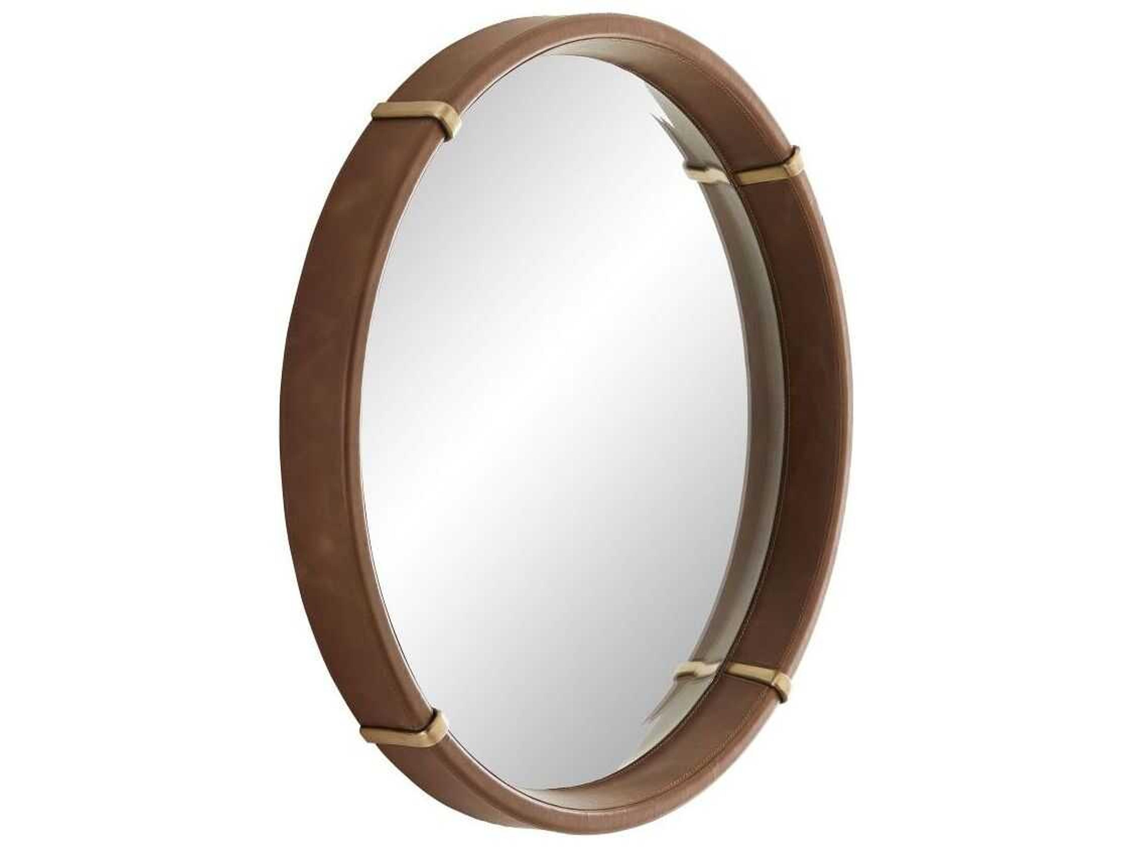 Edmund Round Leather and Brass Wall Mirror