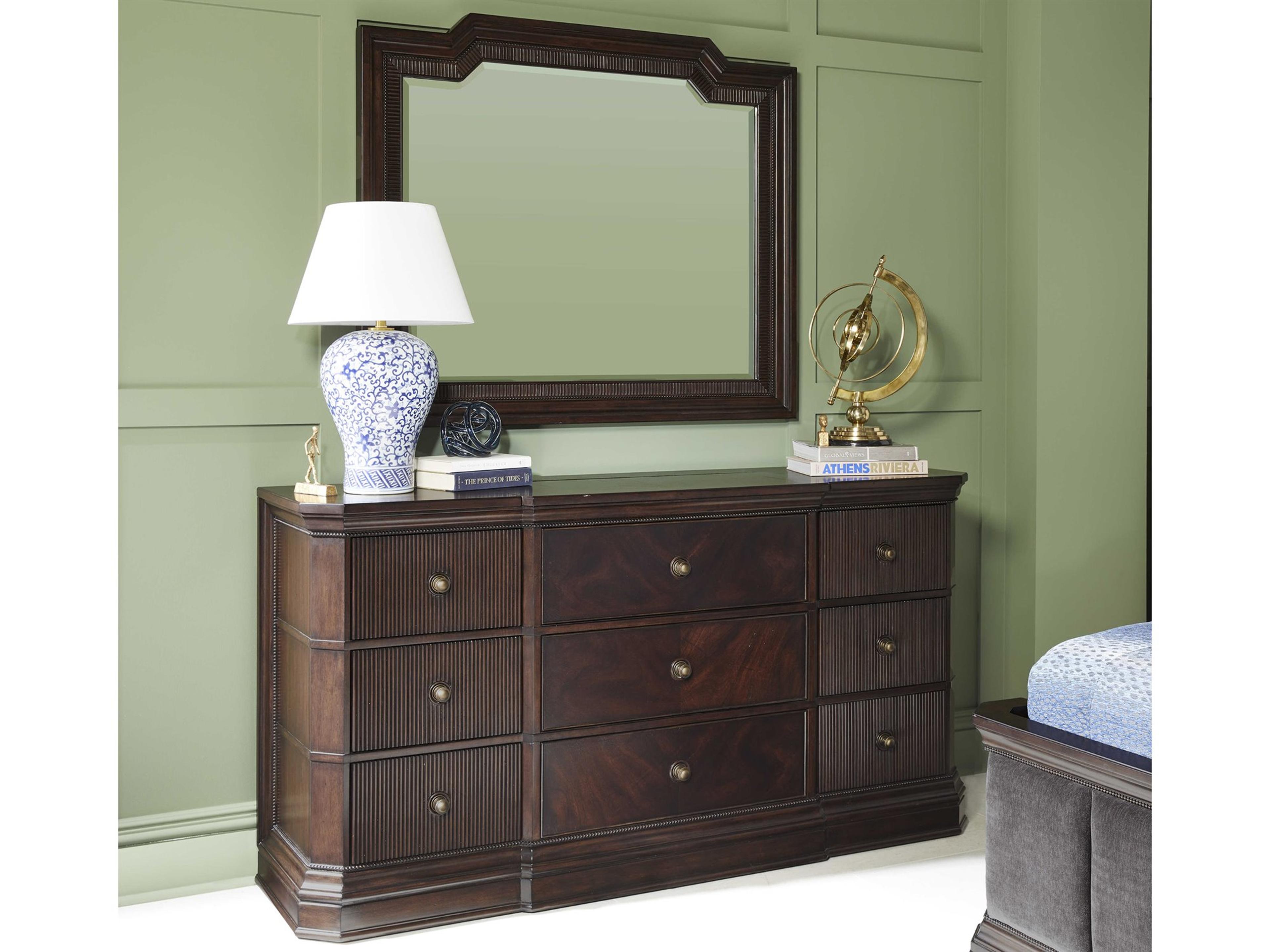 Revival 9-Drawers Brown Rubberwood Dresser with Wall Mirror