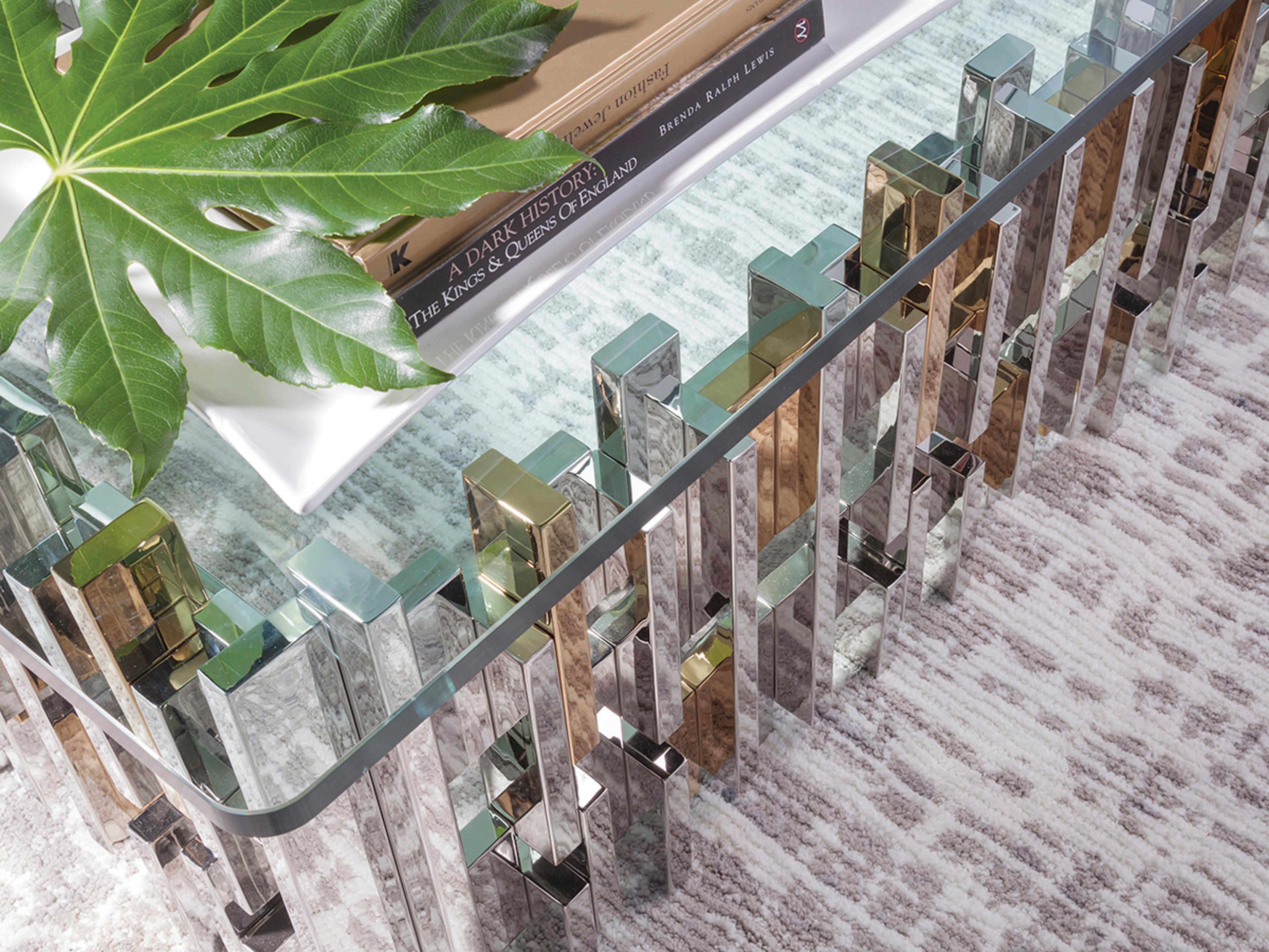 Artistica Signature Designs Cityscape Rectangular Glass Stainless Steel Brass Cocktail Table