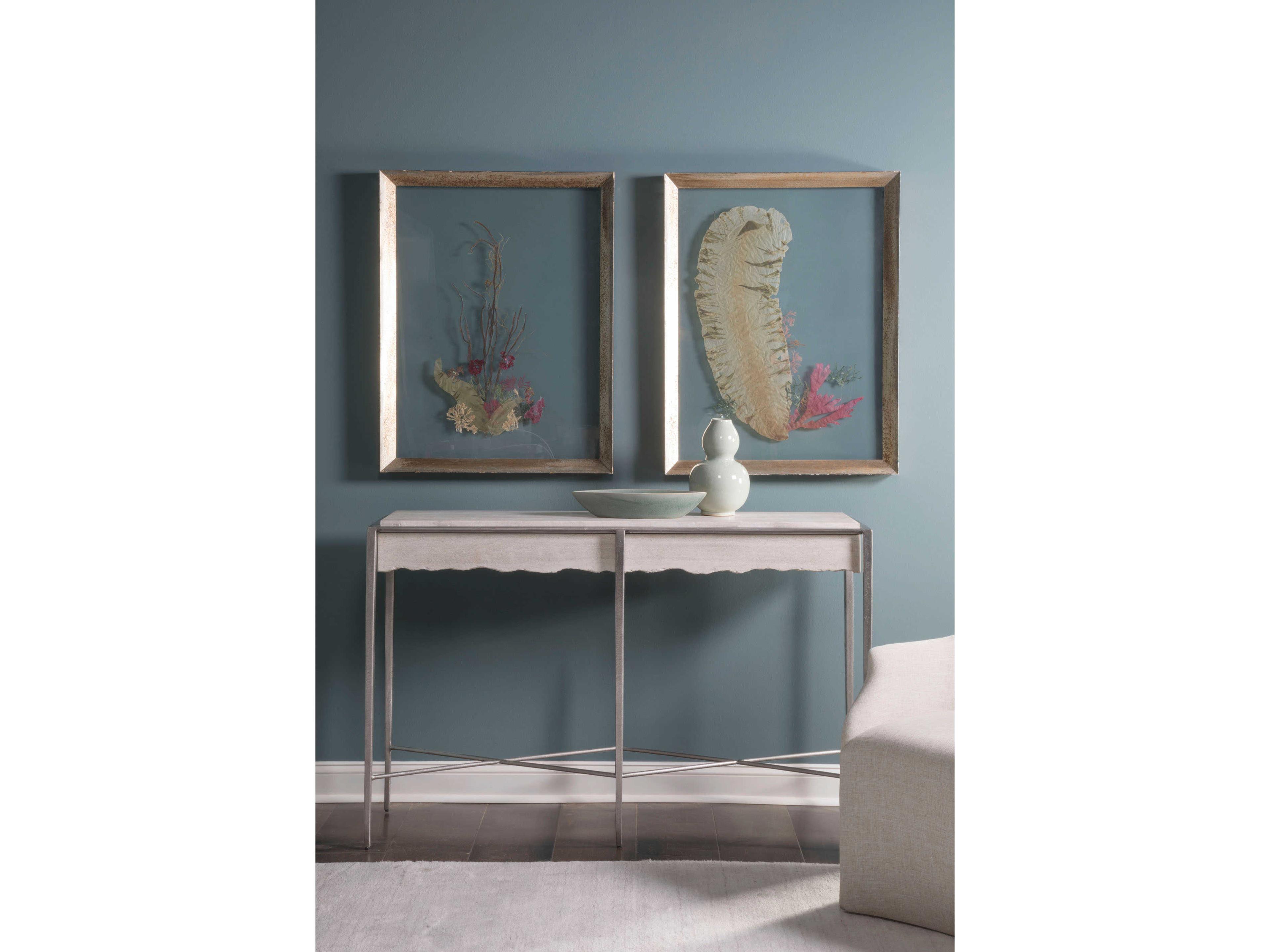 Artistica Signature Designs Rectangular Stone White Travertine Sliver Leaf Console Table