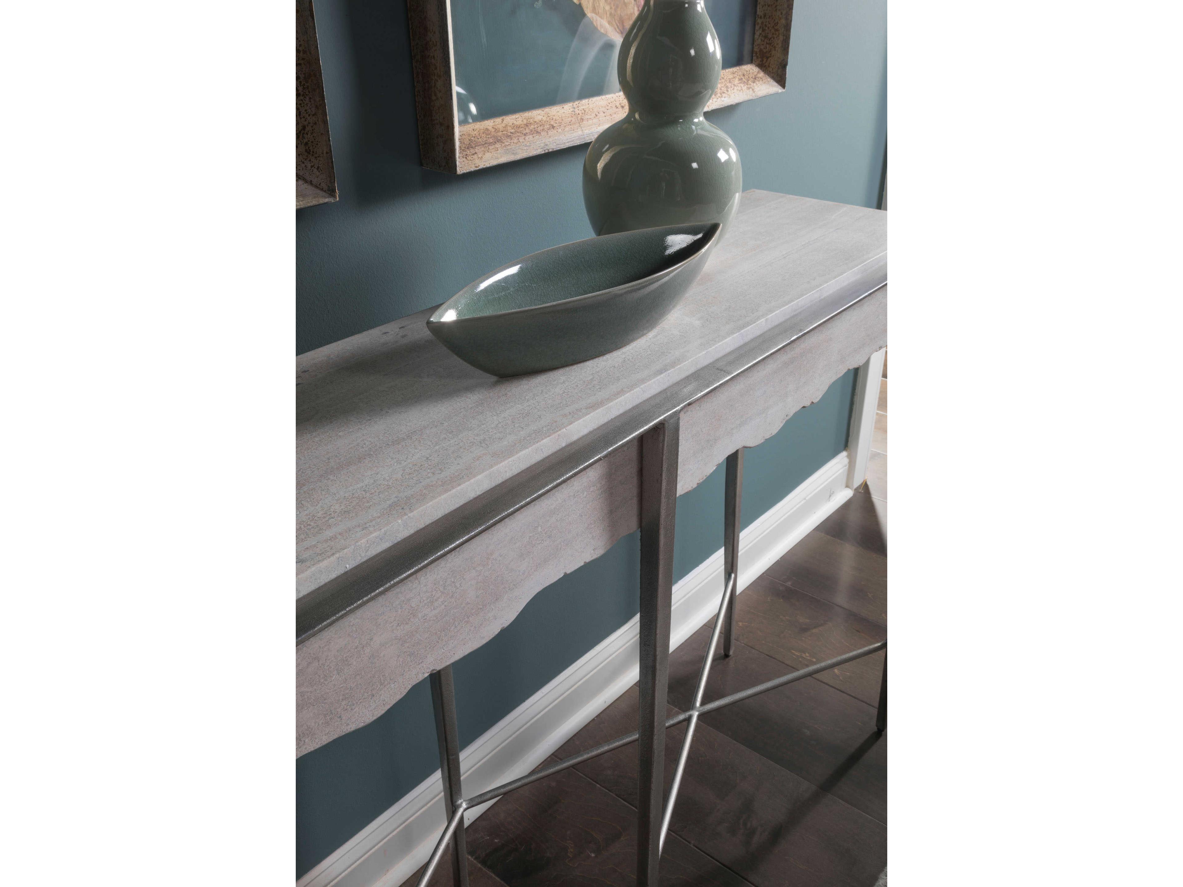 Artistica Signature Designs Rectangular Stone White Travertine Sliver Leaf Console Table