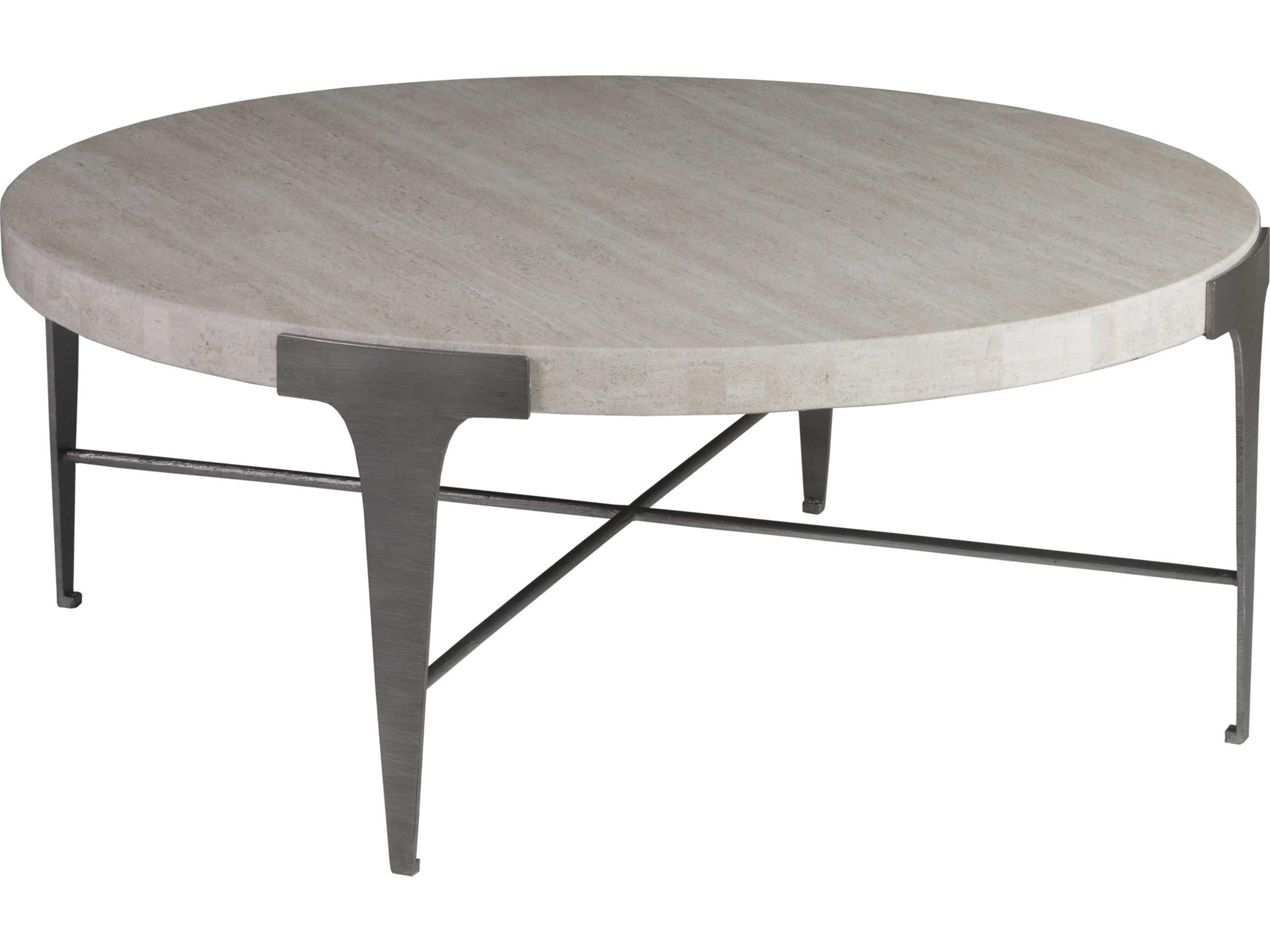 Artistica Signature Designs Cachet Round Stone White Vein Travertine Ribbed Silver Cocktail Table