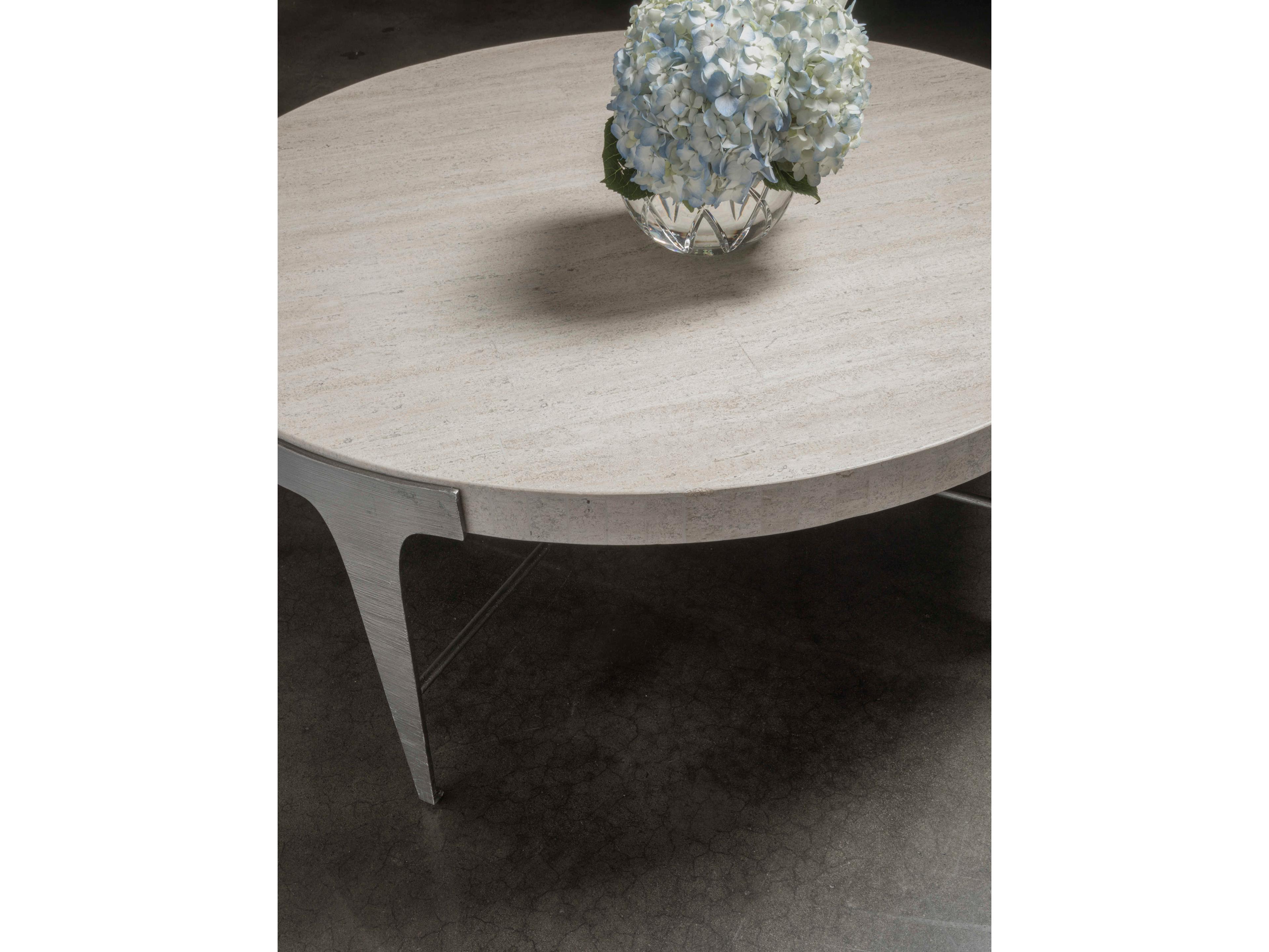 Artistica Signature Designs Cachet Round Stone White Vein Travertine Ribbed Silver Cocktail Table