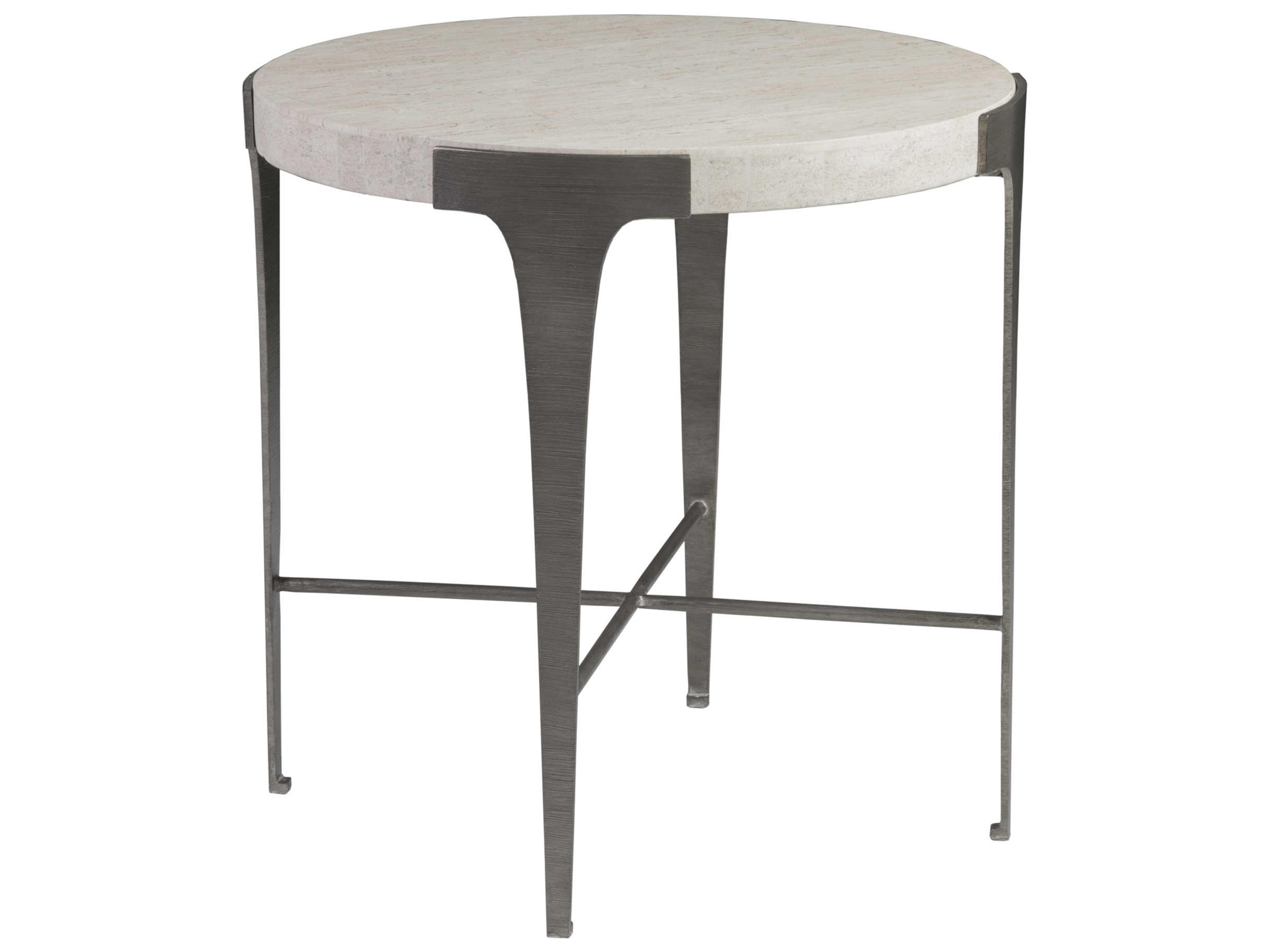 Signature Designs Cachet Round Stone White Vein Travertine Ribbed Silver End Table