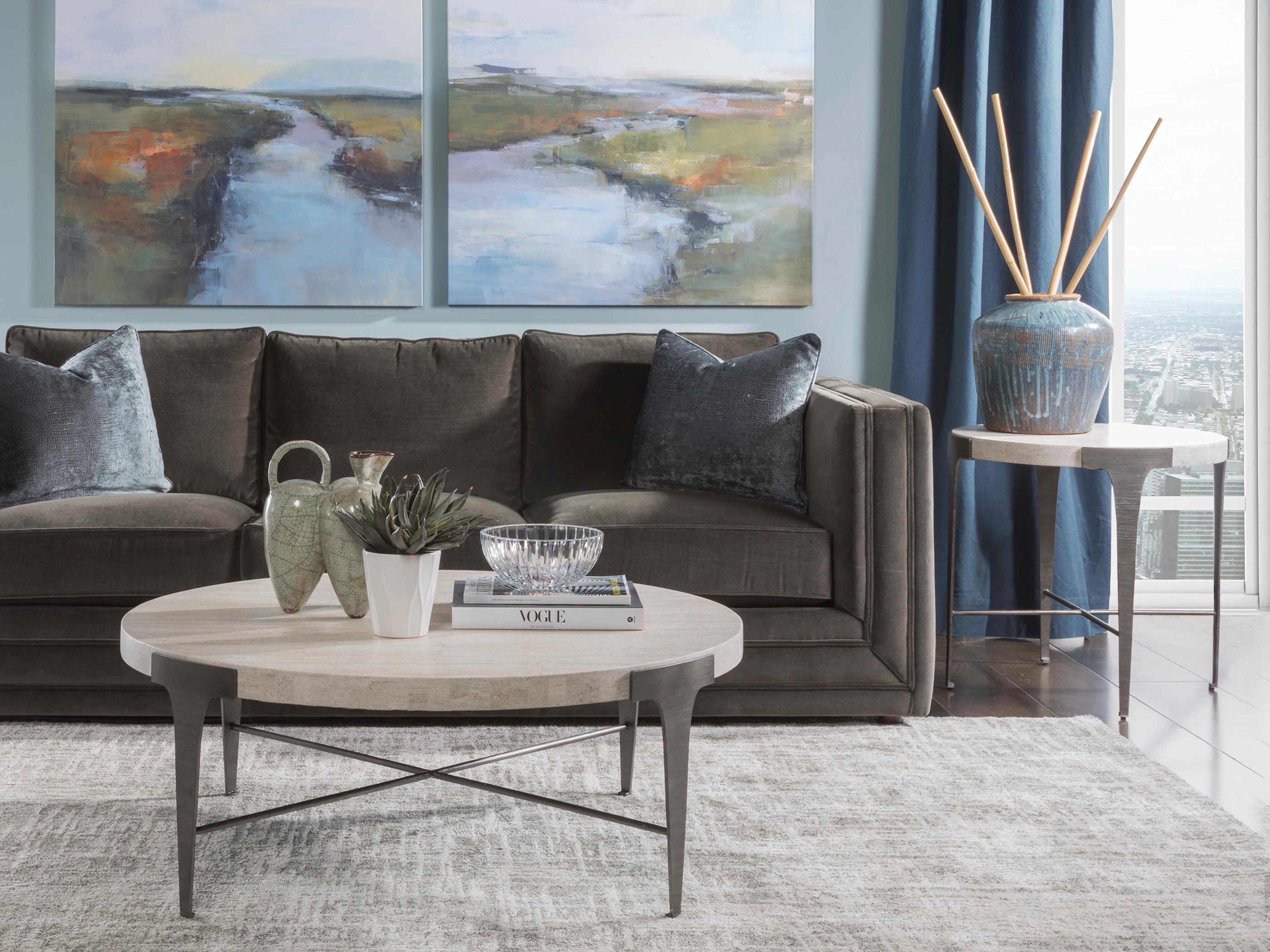 Artistica Signature Designs Cachet Round Stone White Vein Travertine Ribbed Silver End Table