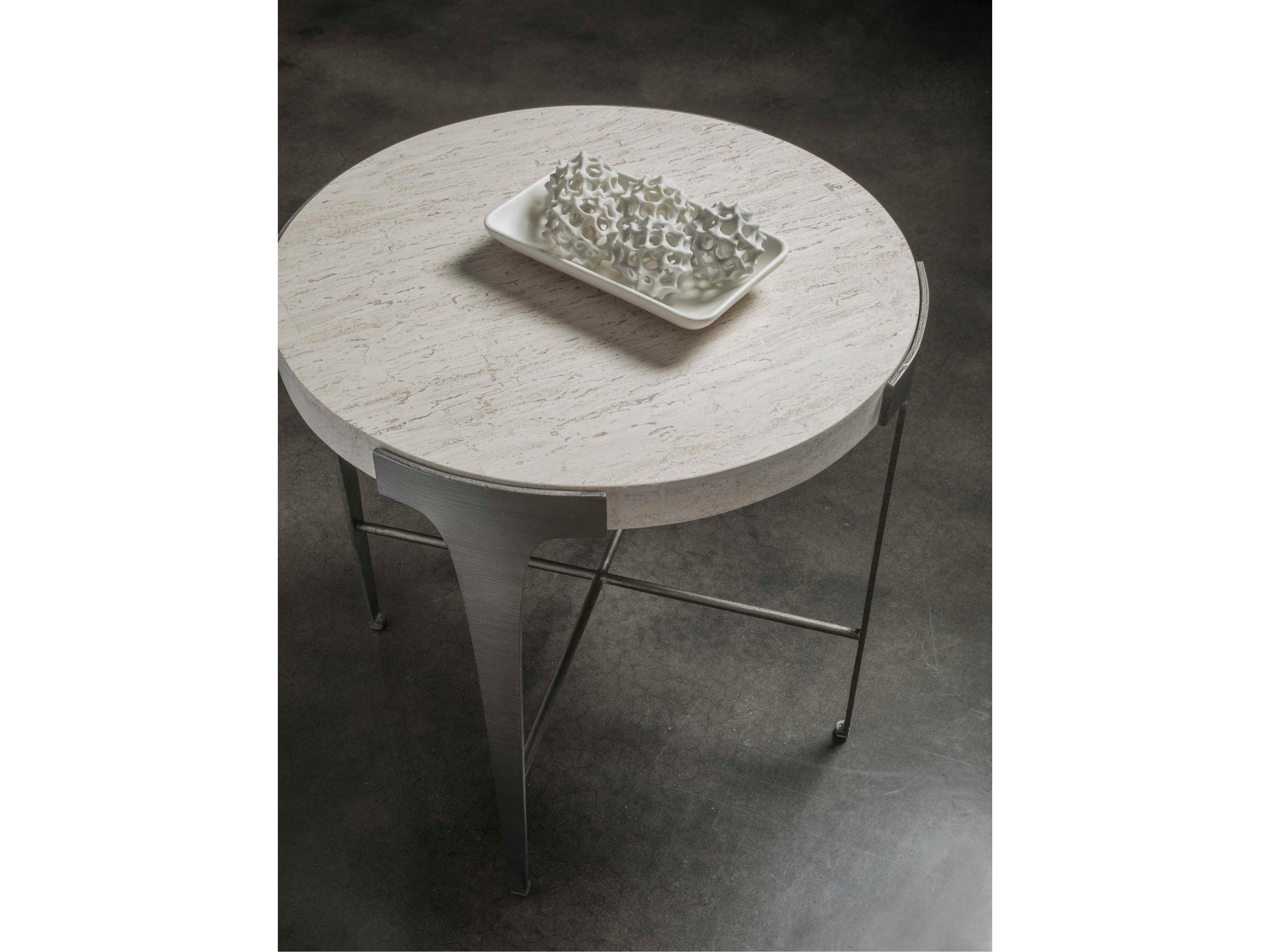 Artistica Signature Designs Cachet Round Stone White Vein Travertine Ribbed Silver End Table