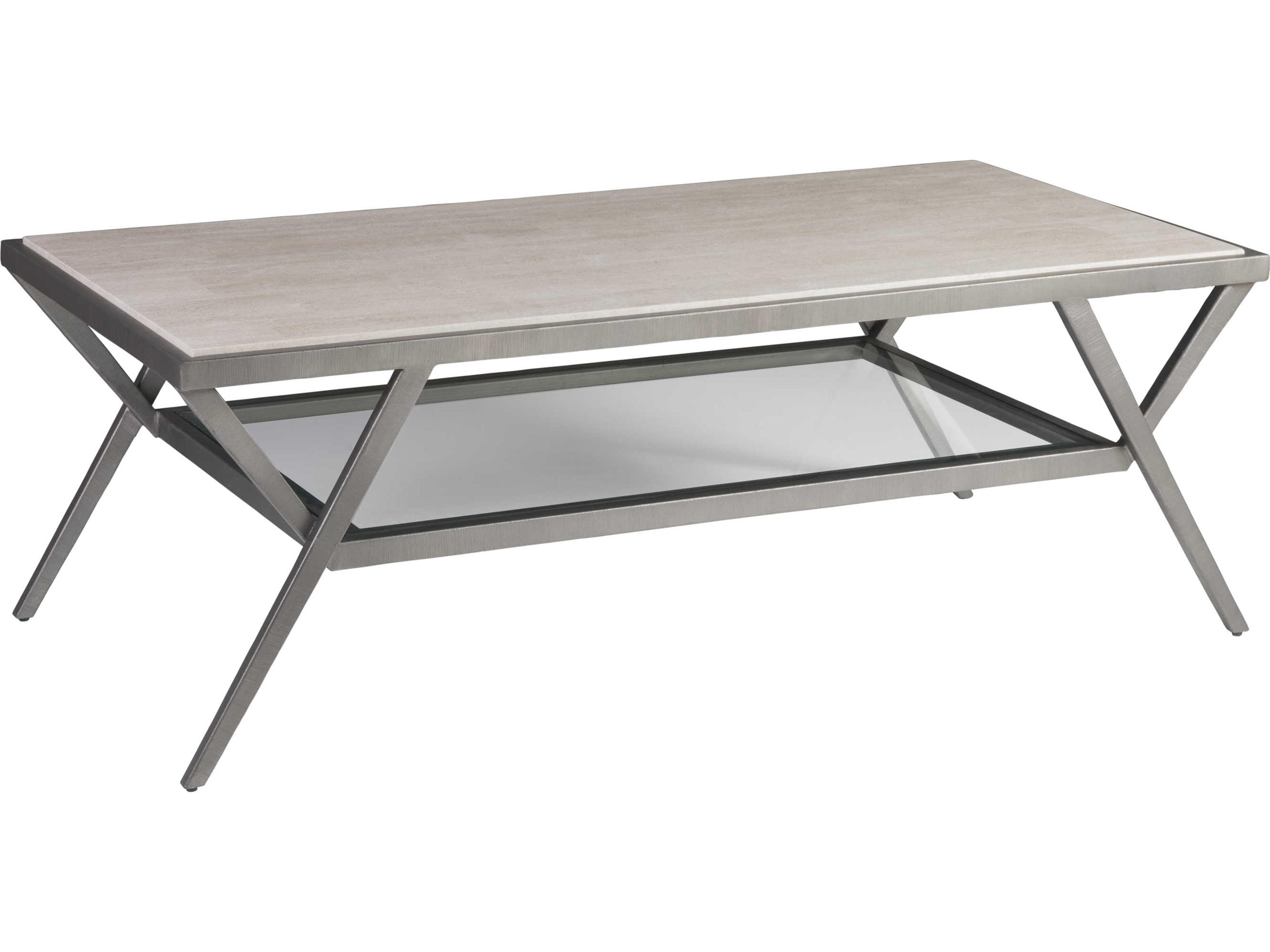 Signature Designs Adamo Rectangular Stone White Vein Travertine Ribbed Silver Cocktail Table