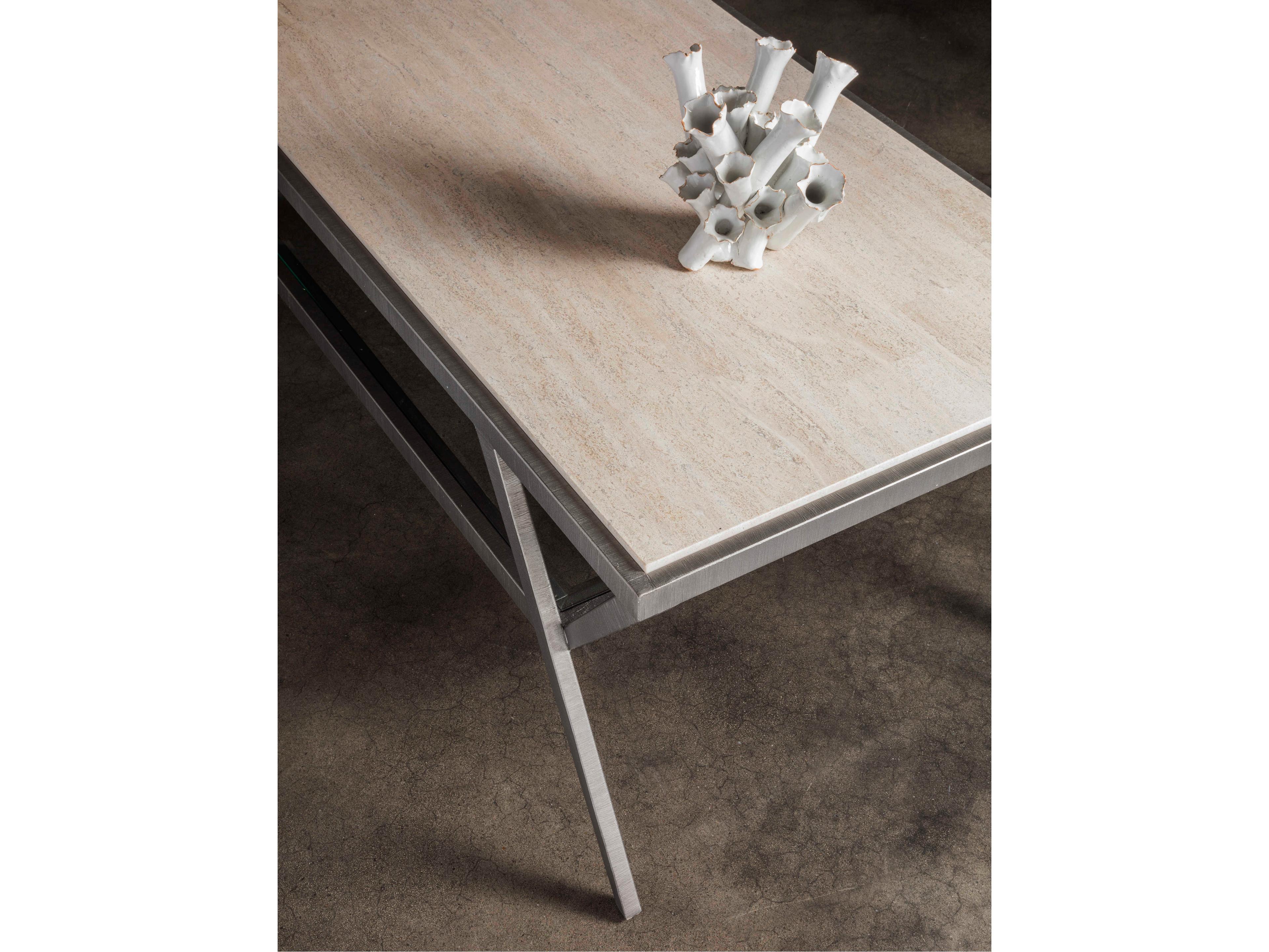 Artistica Signature Designs Adamo Rectangular Stone White Vein Travertine Ribbed Silver Cocktail Table