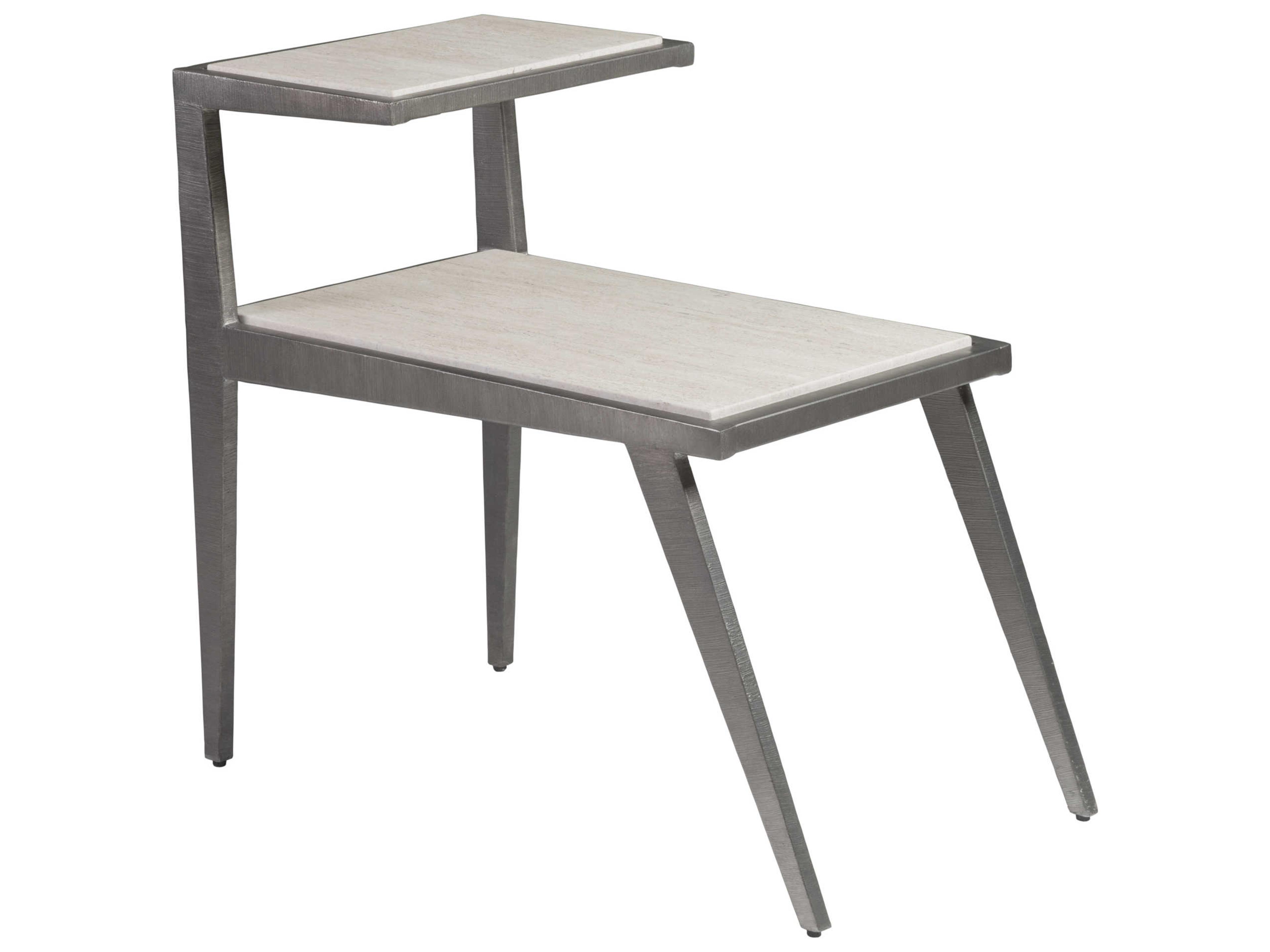 Signature Designs Adamo Rectangular Stone White Vein Travertine Ribbed Silver End Table