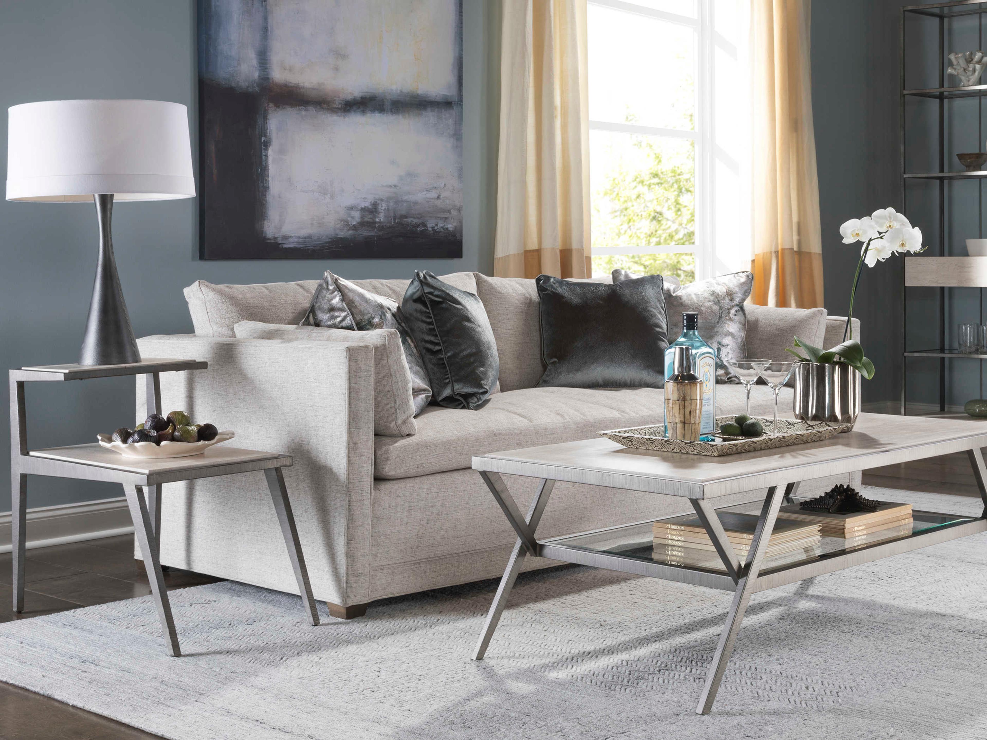 Artistica Signature Designs Adamo Rectangular Stone White Vein Travertine Ribbed Silver End Table