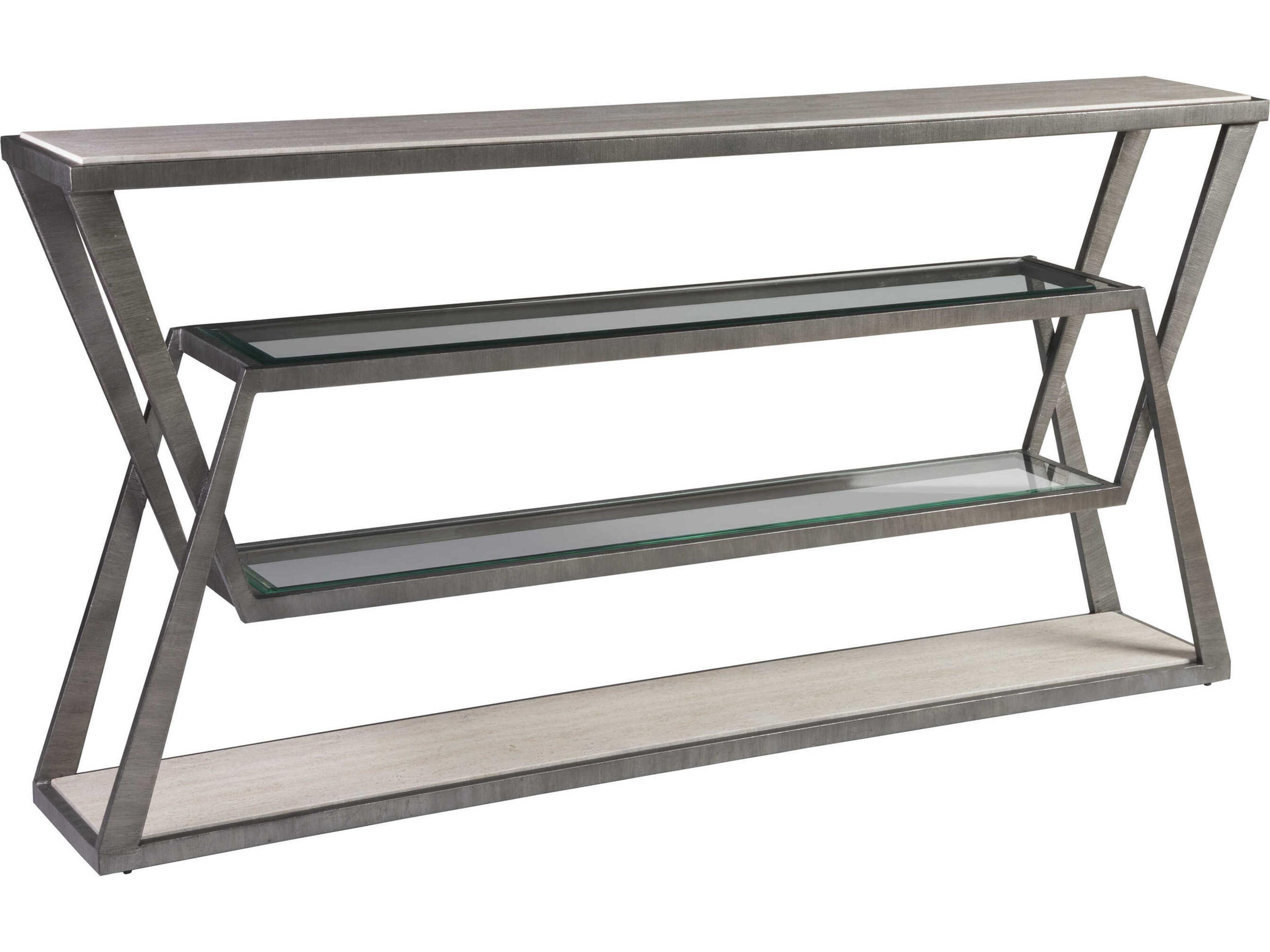 Signature Designs Adamo Rectangular Stone White Vein Travertine Ribbed Silver Leaf Console Table