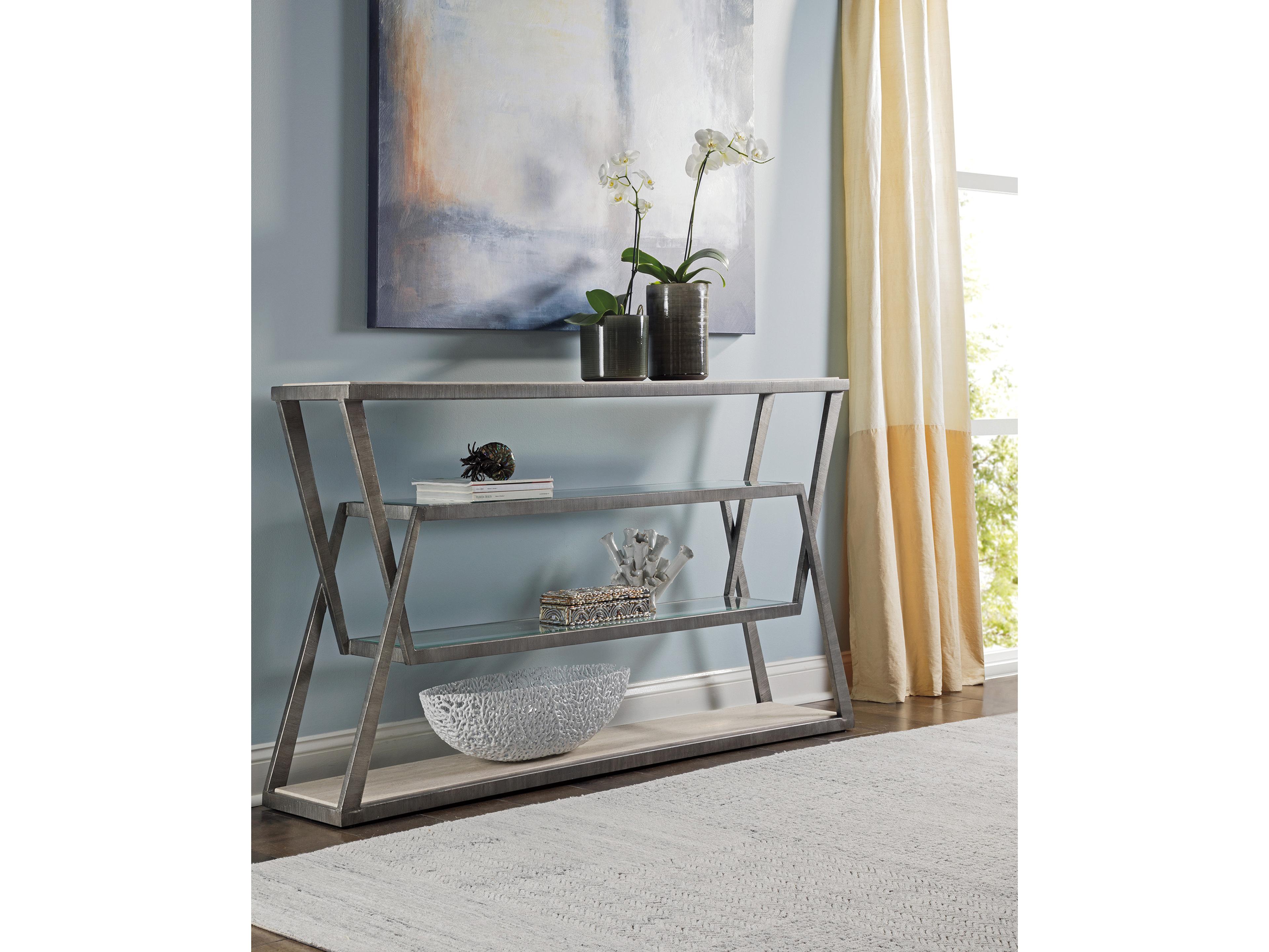 Artistica Signature Designs Adamo Rectangular Stone White Vein Travertine Ribbed Silver Leaf Console Table