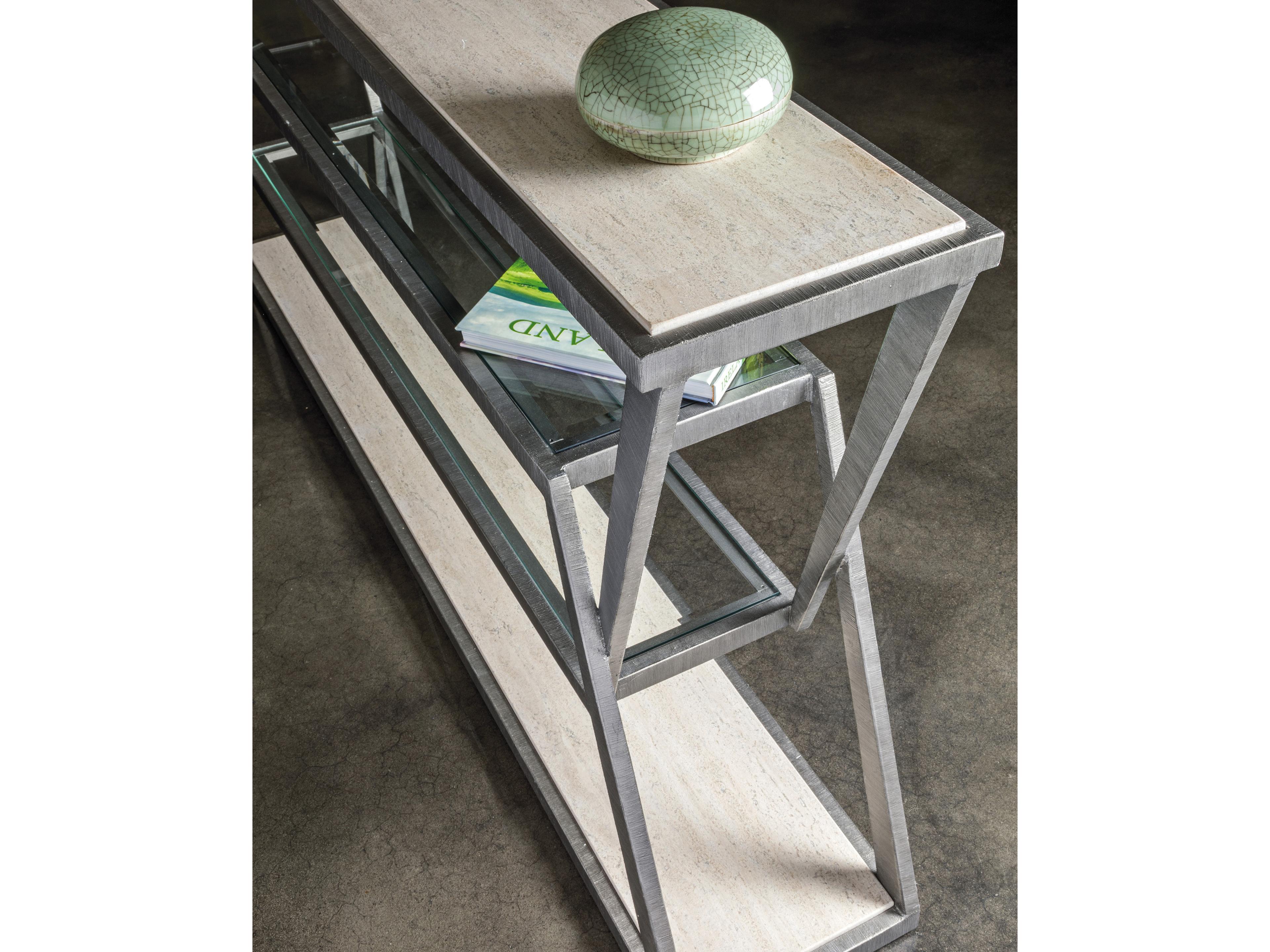 Artistica Signature Designs Adamo Rectangular Stone White Vein Travertine Ribbed Silver Leaf Console Table