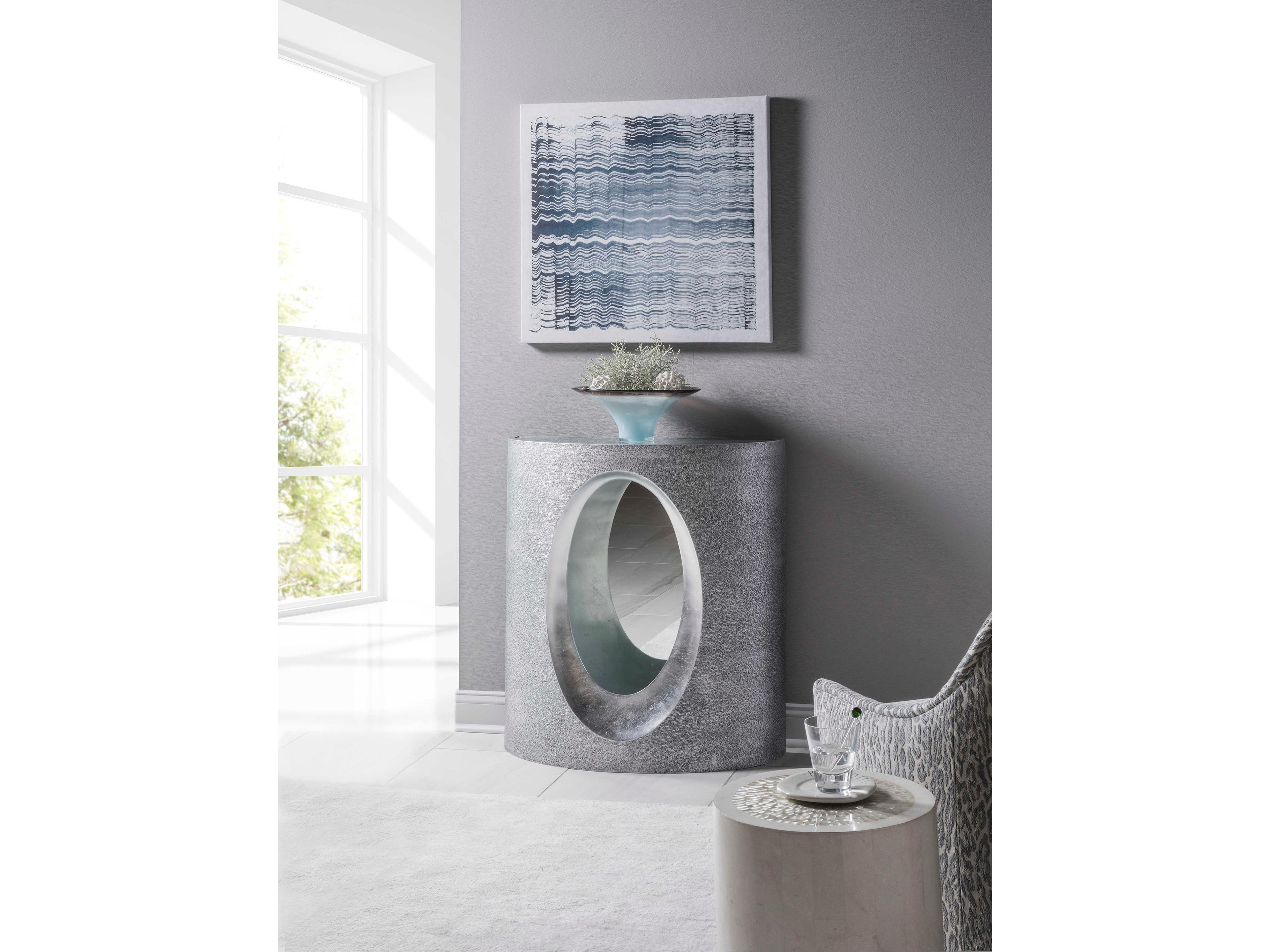 Artistica Signature Designs Circa Demilune Glass Textured Gray Silver Leaf Console Table