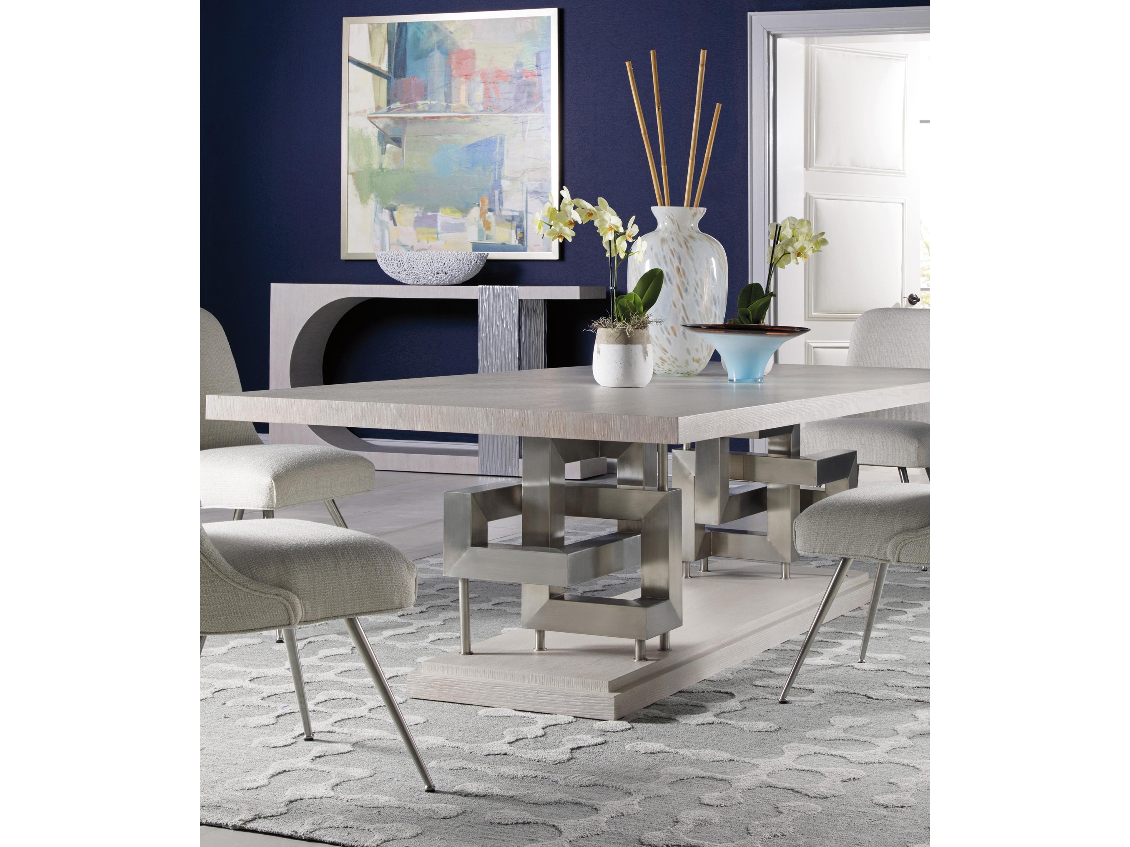 Artistica Signature Designs Pazzo Rectangular Wood Cerused Mistry White Gray Brushed Stainless Steel Dining Table