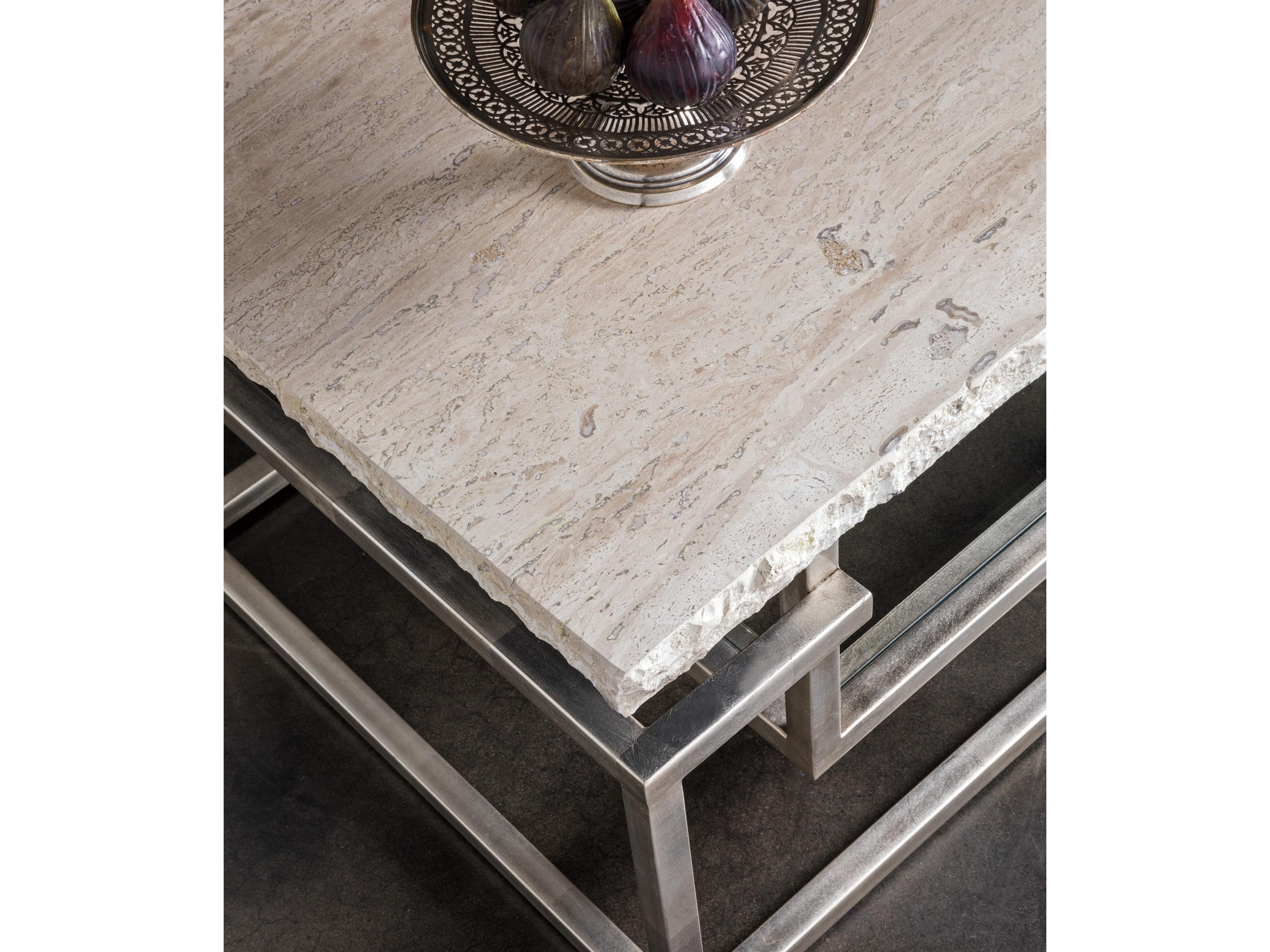 Artistica Signature Designs Theo Rectangular Stone White Vein Travertine Champagne Leaf Cocktail Table