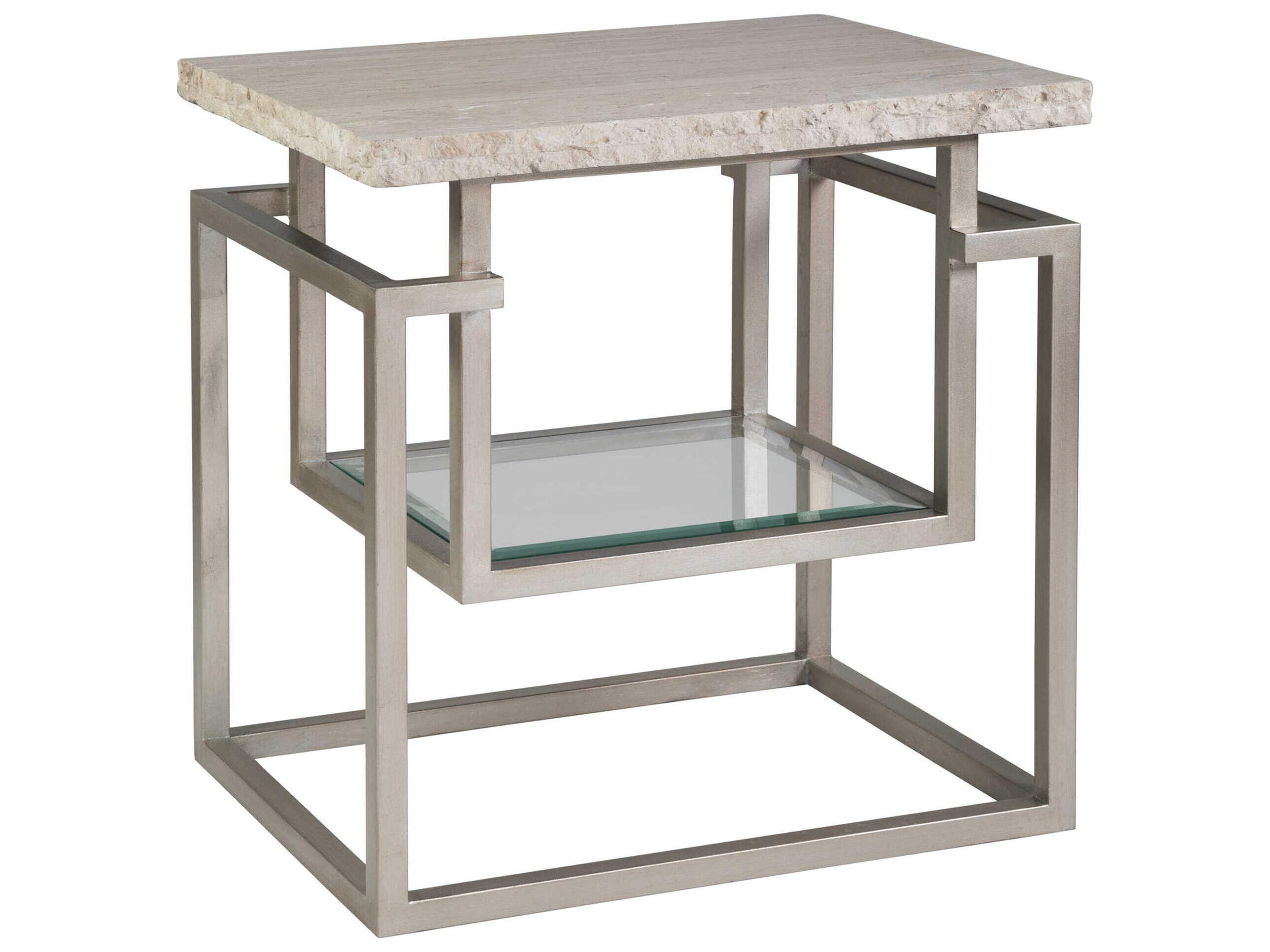 Signature Designs Theo Rectangular Stone White Vein Travertine Champagne Leaf End Table
