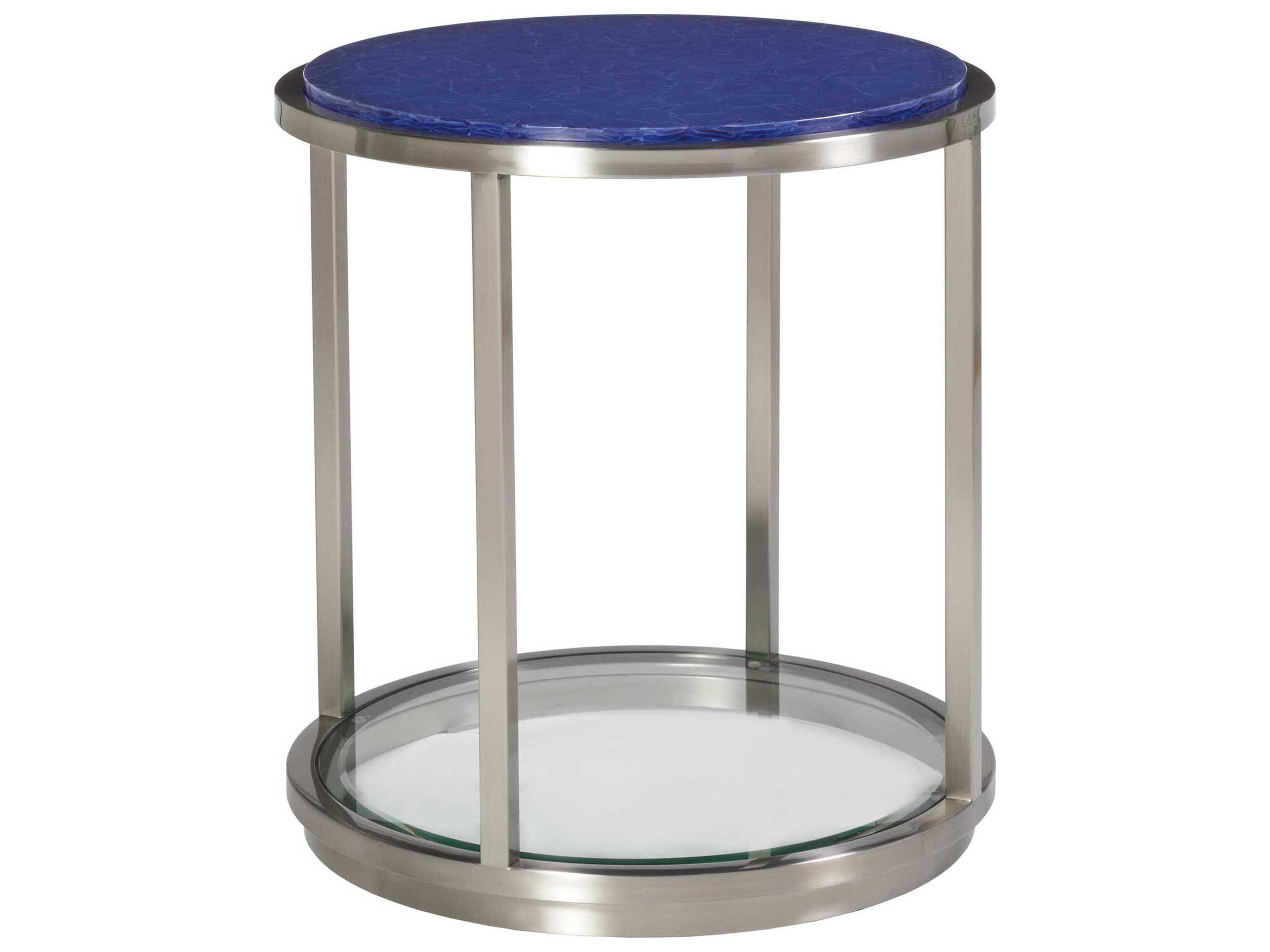 Artistica Signature Designs Ultramarine Round Stone Blue Brushed Stainless Steel End Table