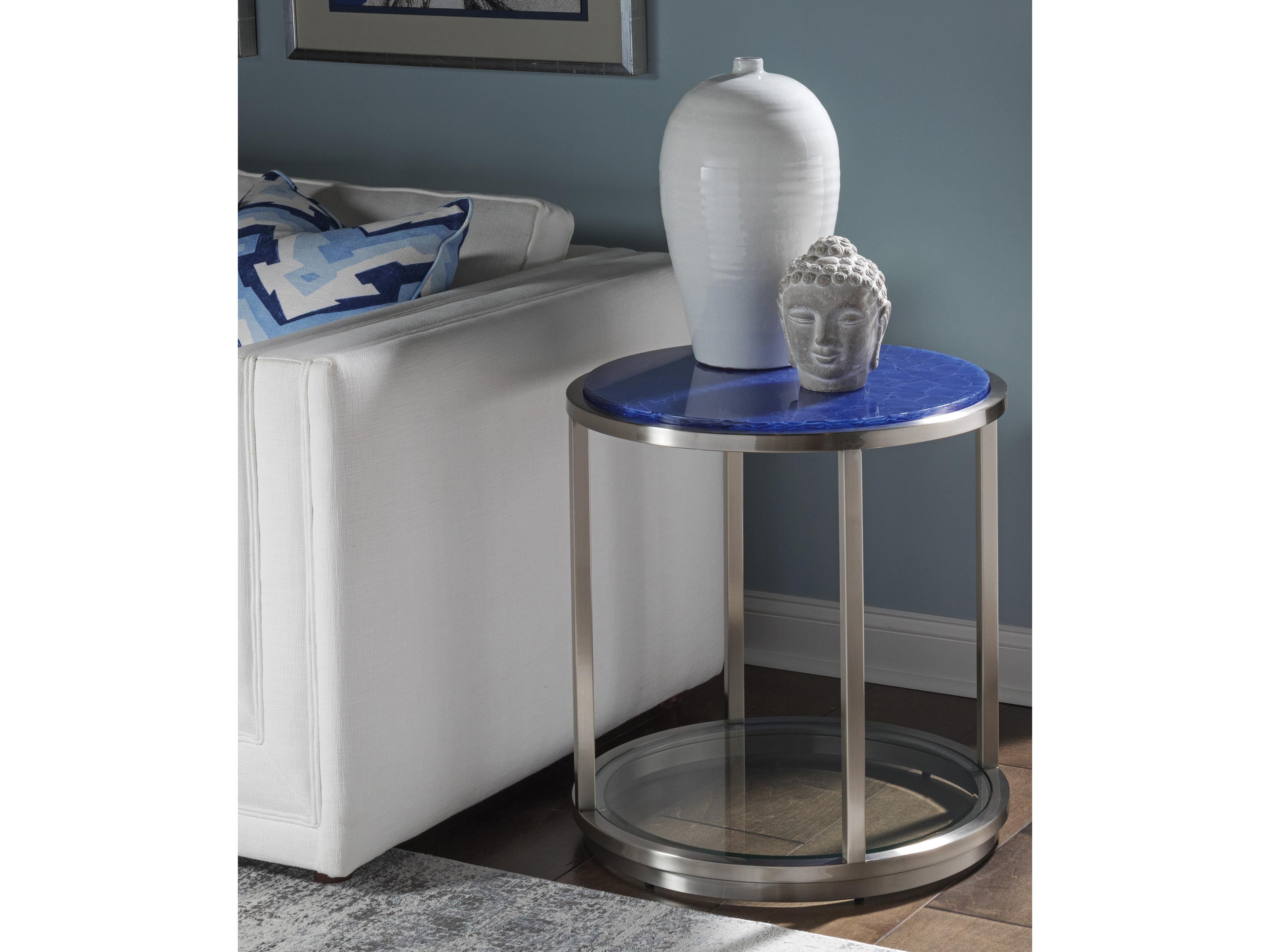 Artistica Signature Designs Ultramarine Round Stone Blue Brushed Stainless Steel End Table