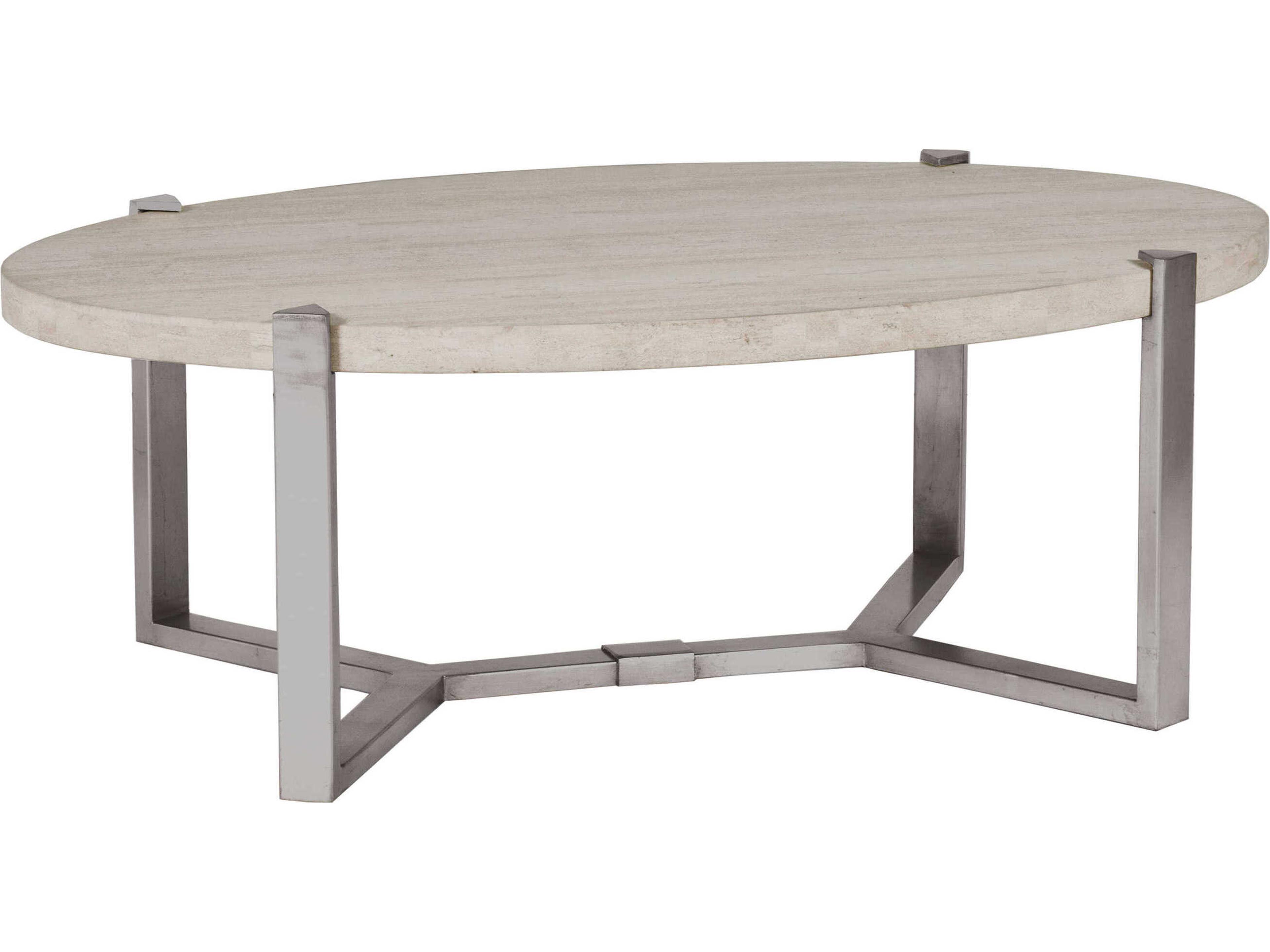 Signature Designs Denizen Oval Stone White Champagne Silver Leaf Cocktail Table