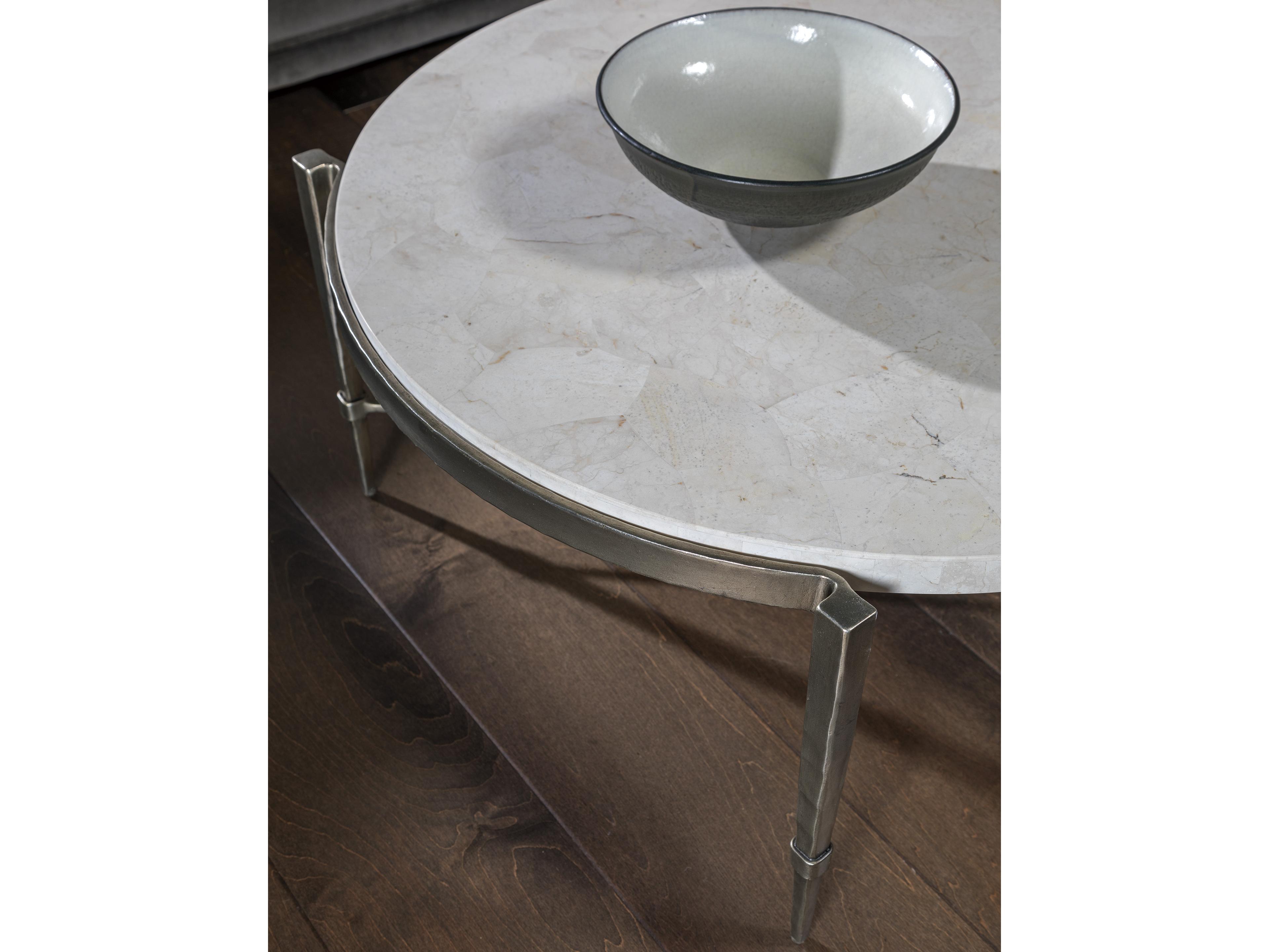 Artistica Signature Designs Percival Round Stone Bronze Leaf White Cocktail Table