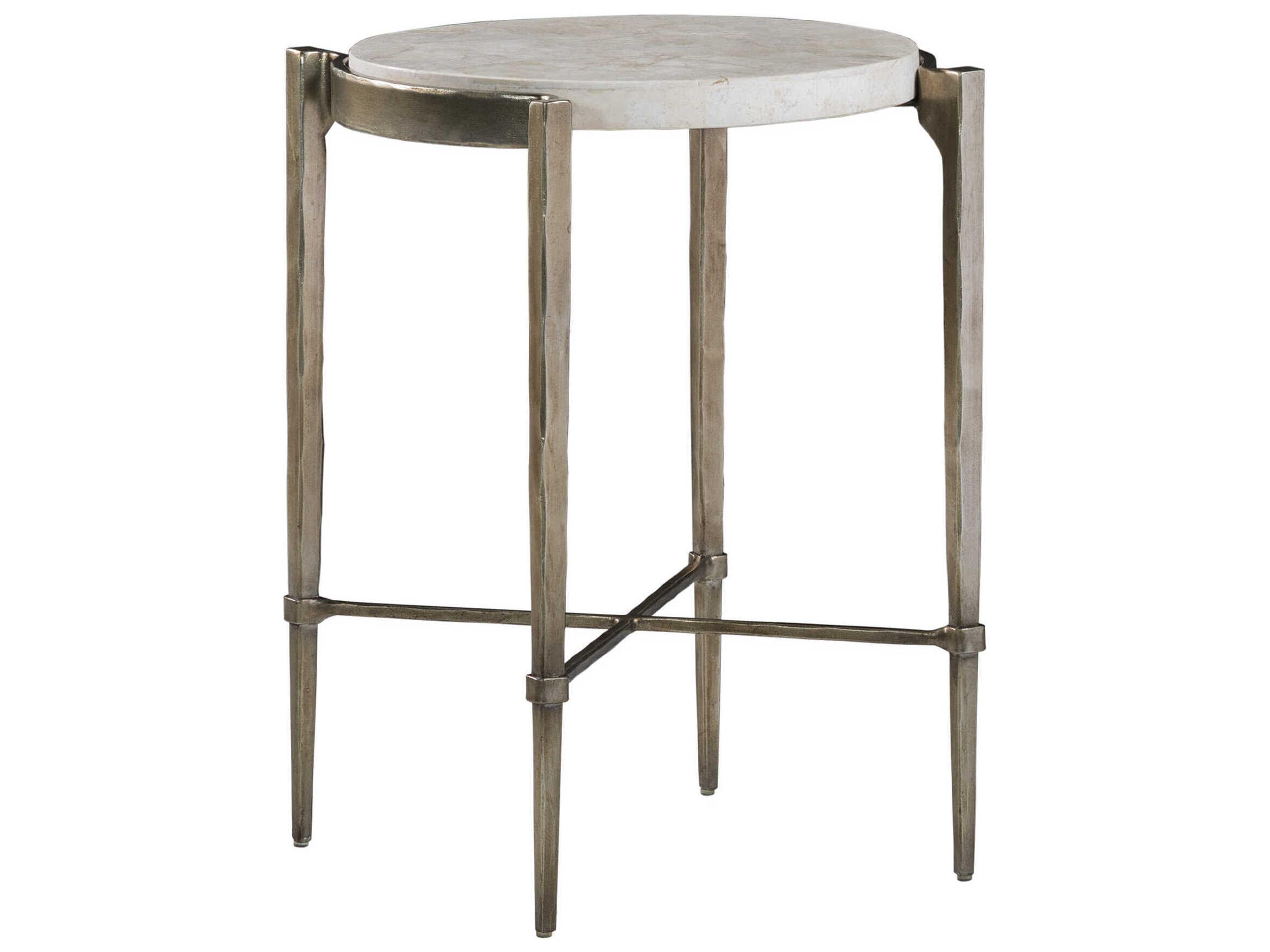 Signature Designs Percival Round Stone Bronze Leaf White End Table