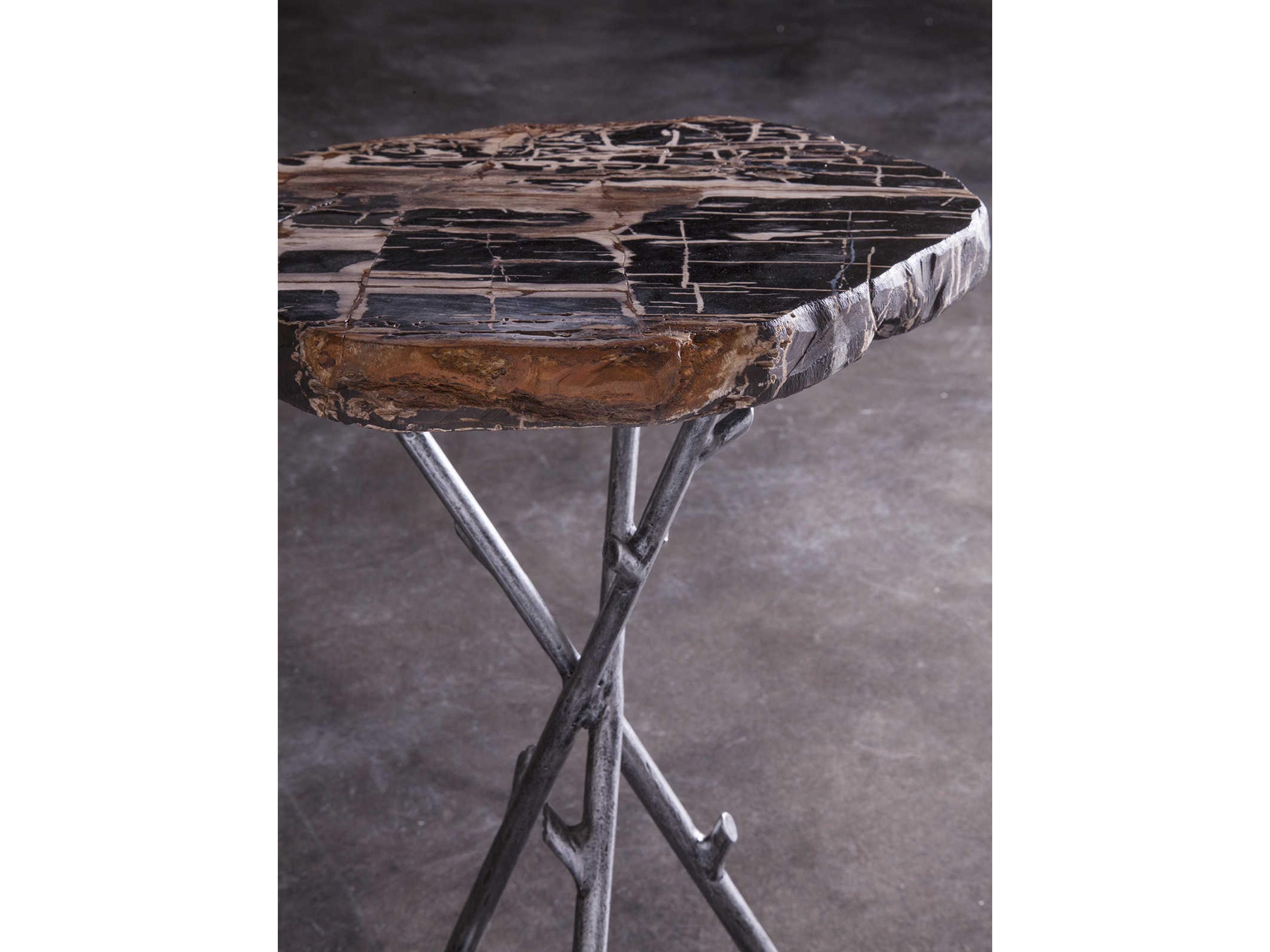 Artistica Peck Shane Round Petrified Wood With Antique Iron End Table