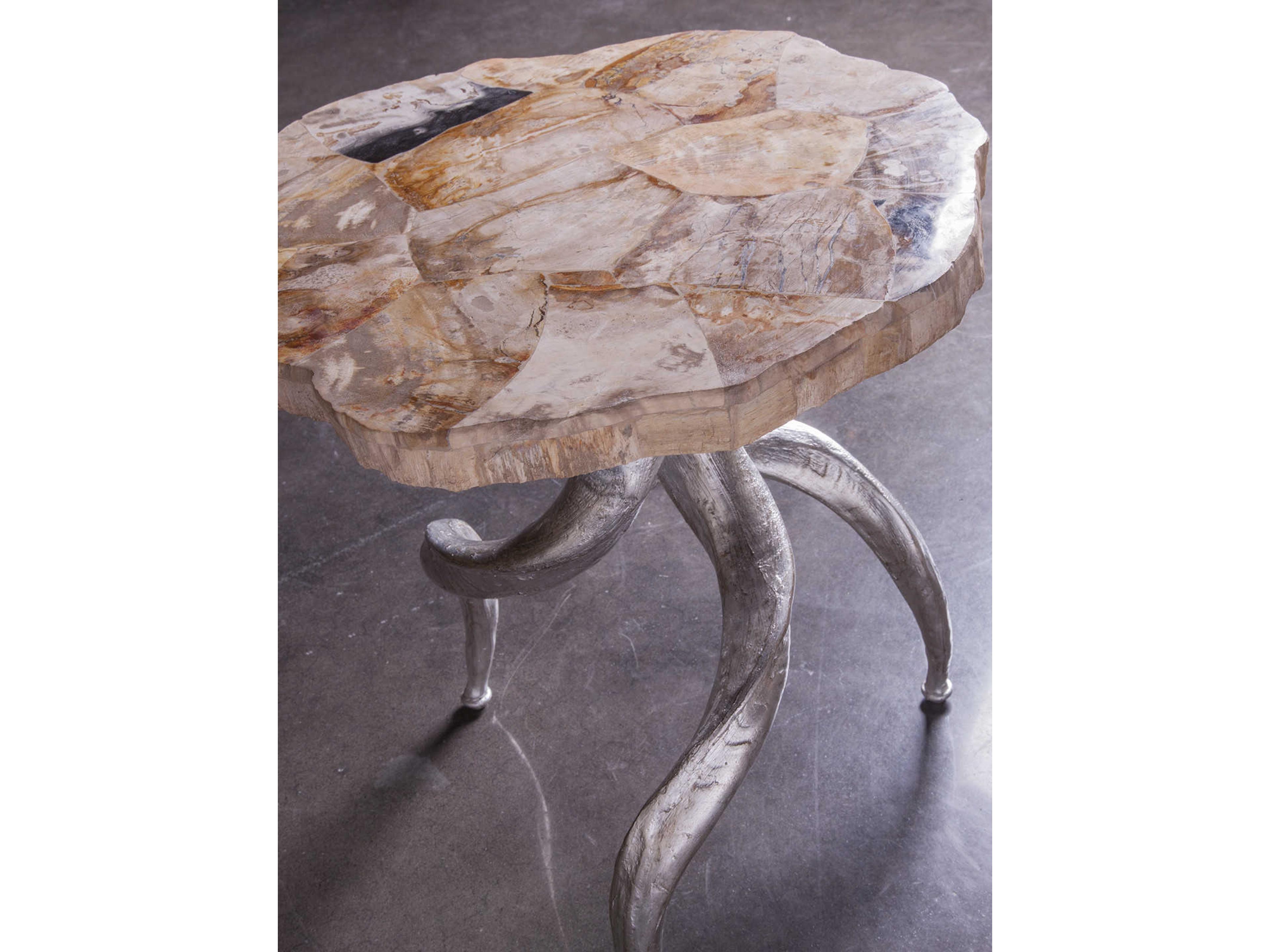 Artistica Peck Round Petrified Wood With Silver Leaf End Table