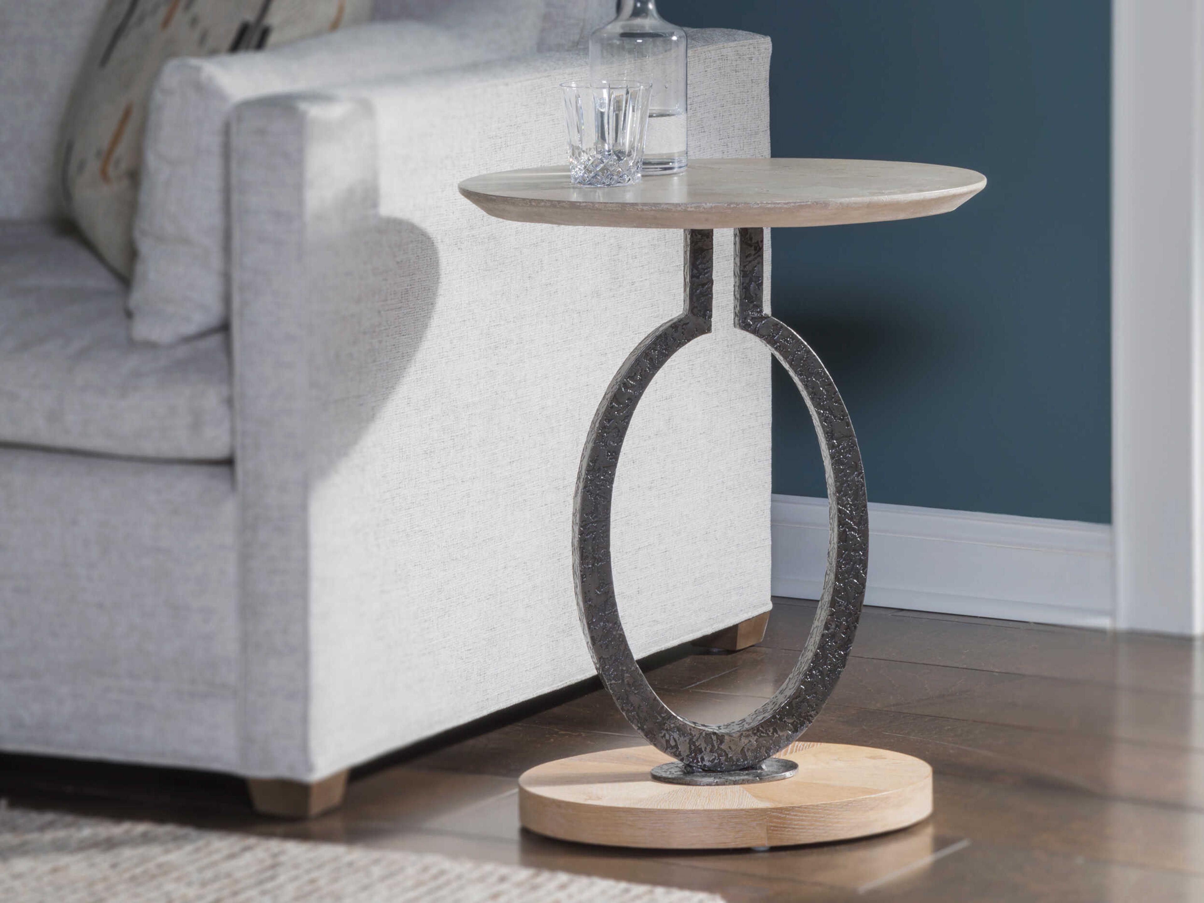 Artistica Clement Round Stone Antique Aged White End Table