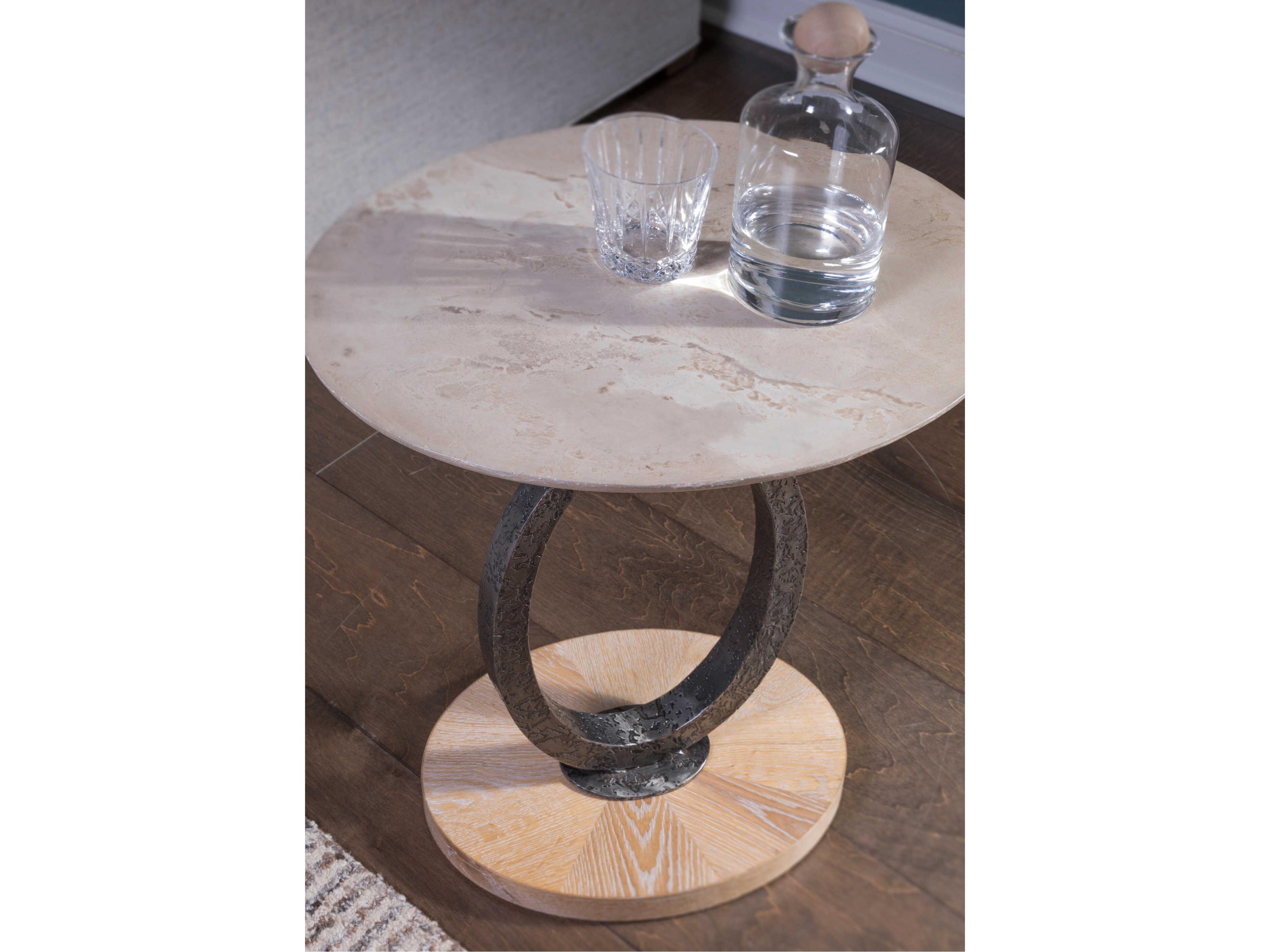 Artistica Clement Round Stone Antique Aged White End Table