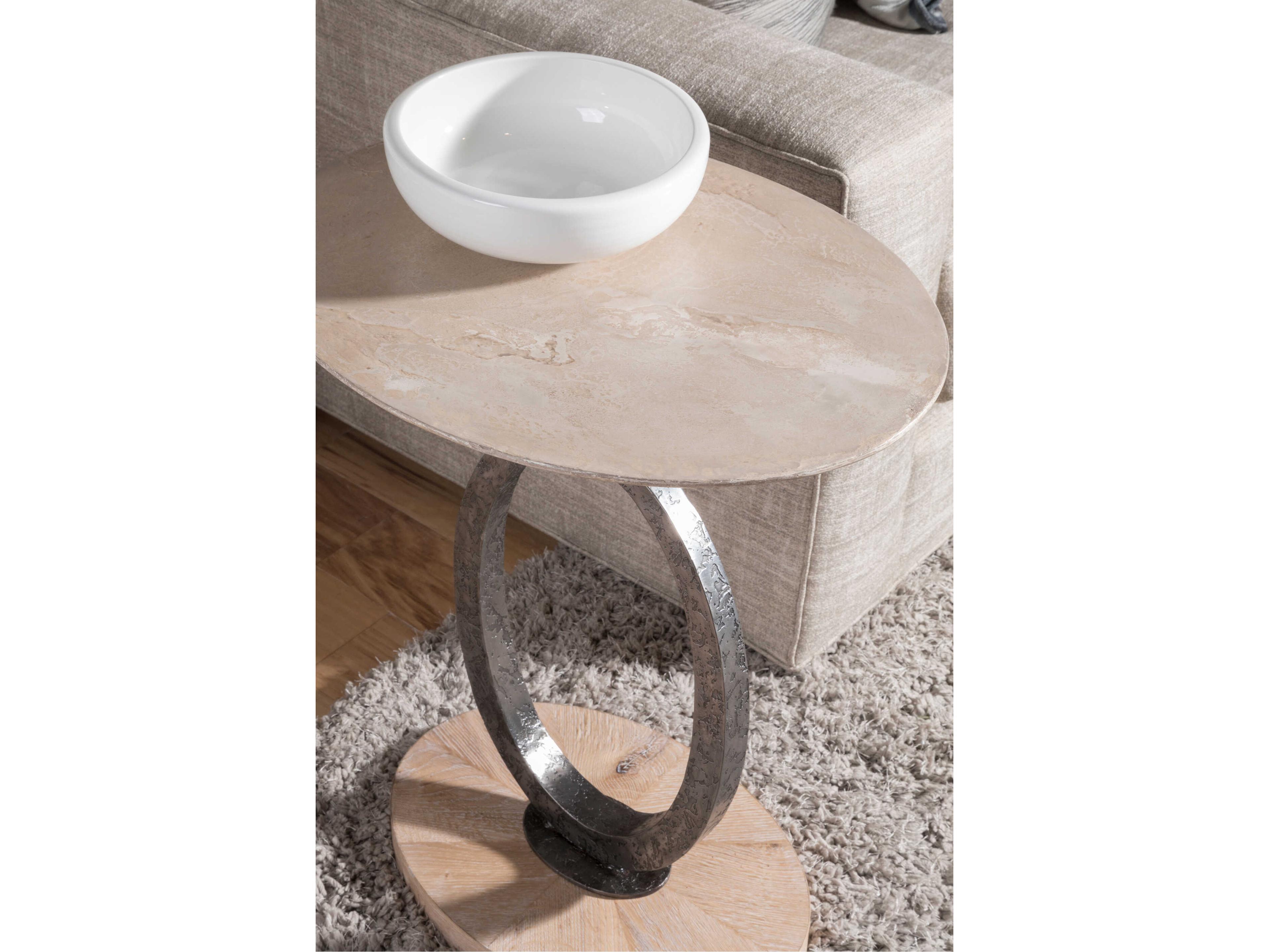 Artistica Clement Round Stone Antique Aged White End Table