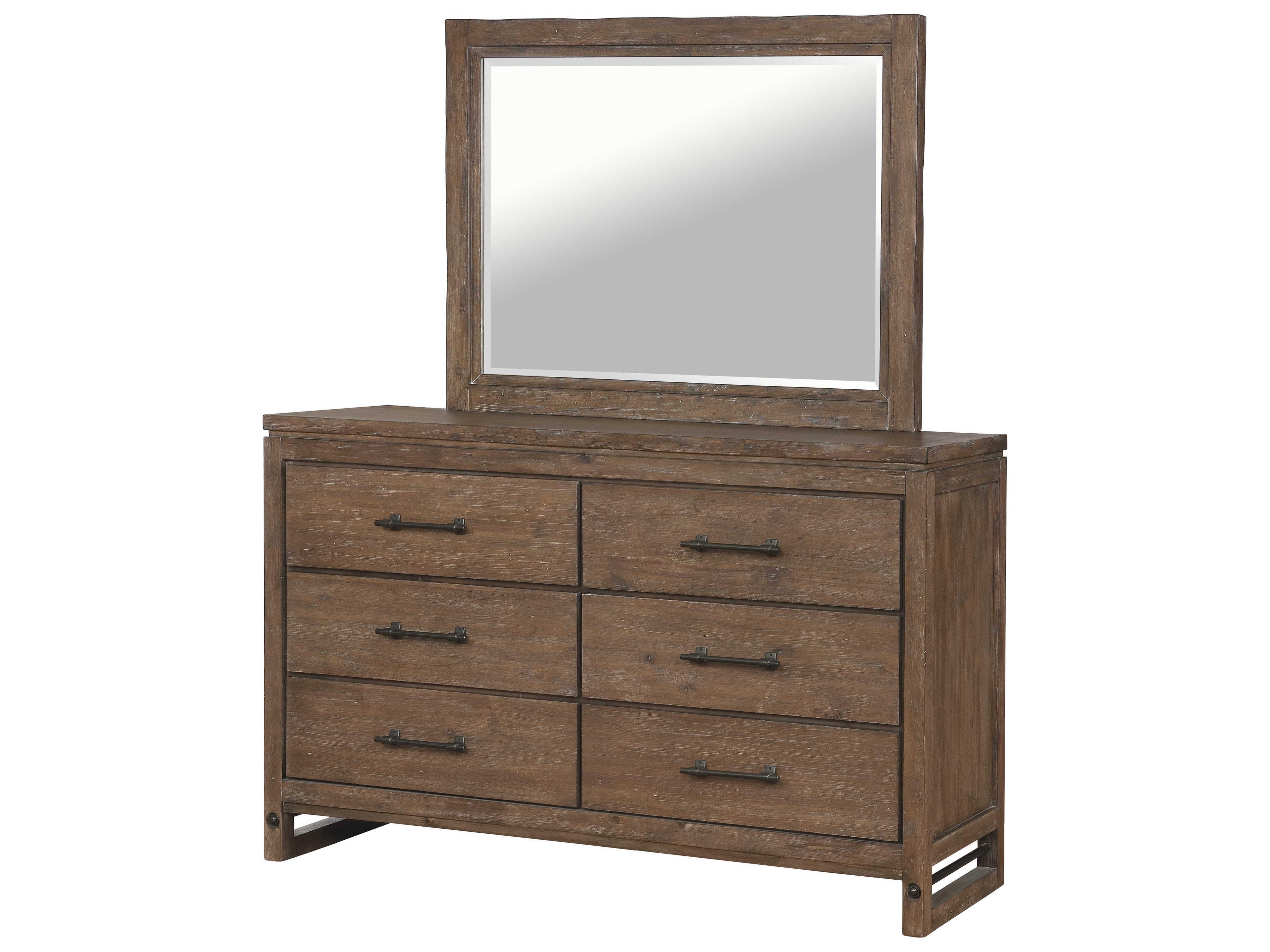 6-Drawers Brown Acacia Wood Double Dresser with Mirror