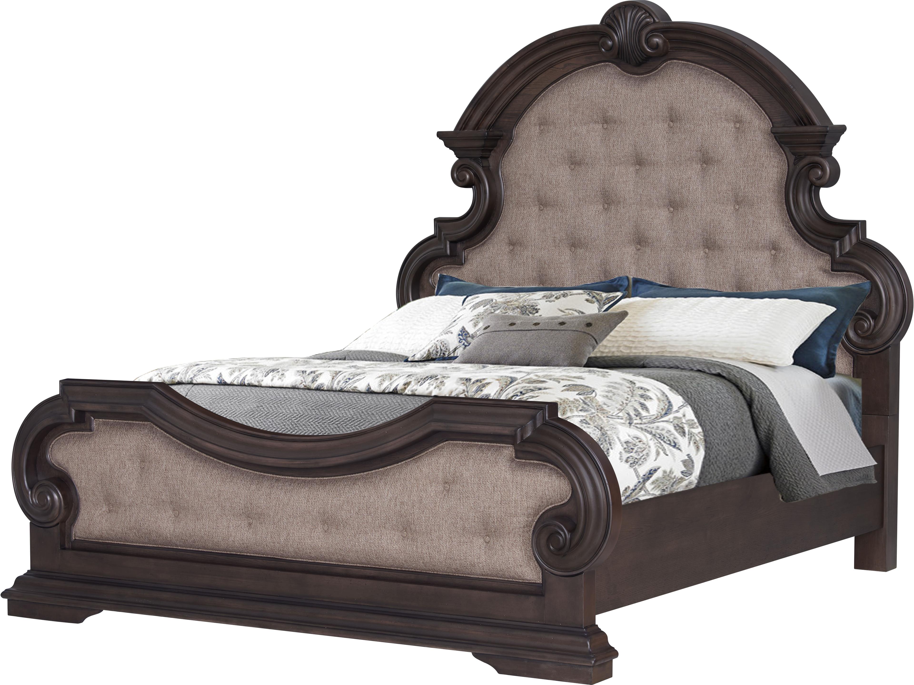 Distressed Oak Brown Hardwood Upholstered King Panel Bed