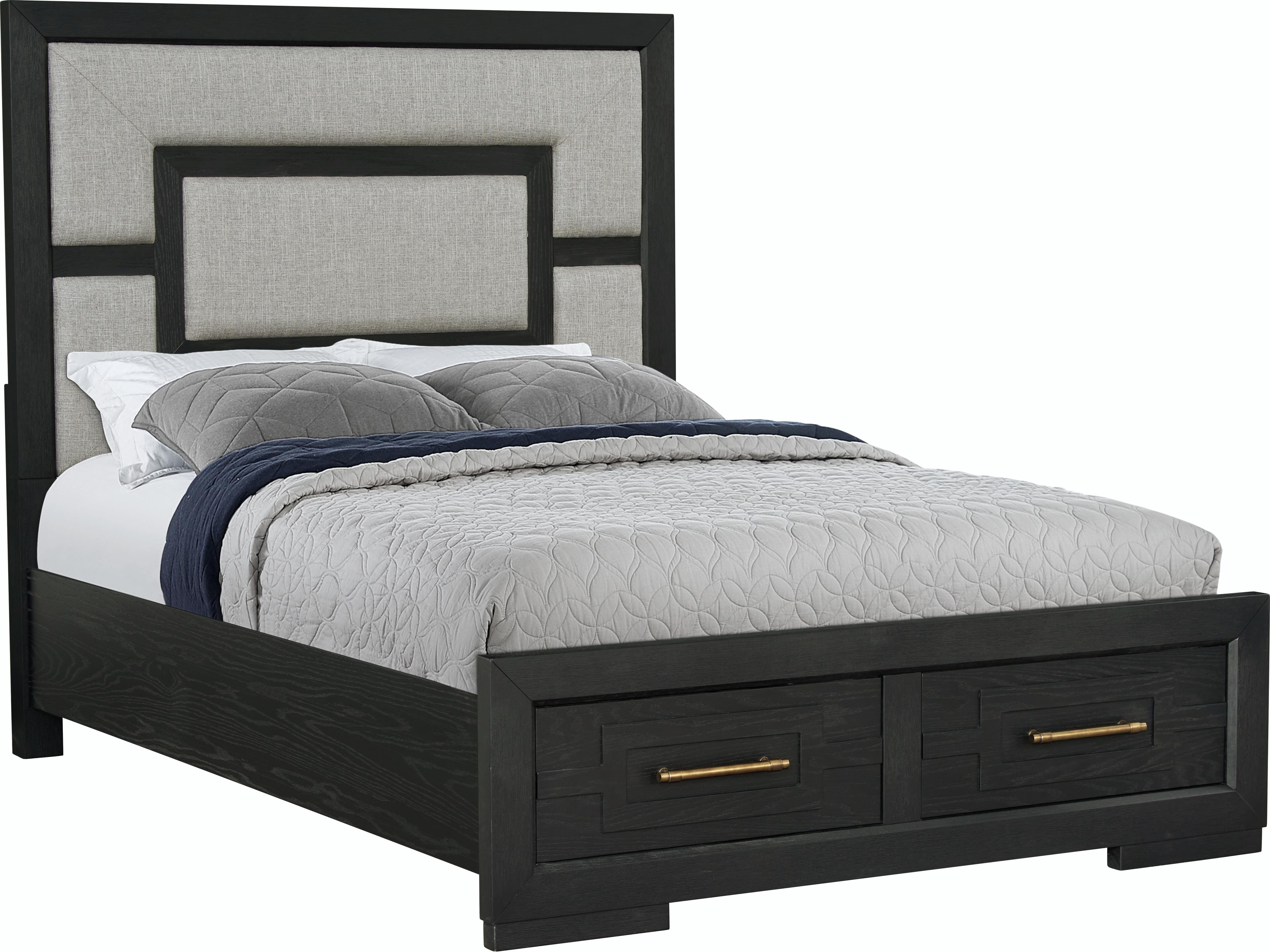 Brushed Charcoal Black Oak Wood Upholstered Queen Panel Bed