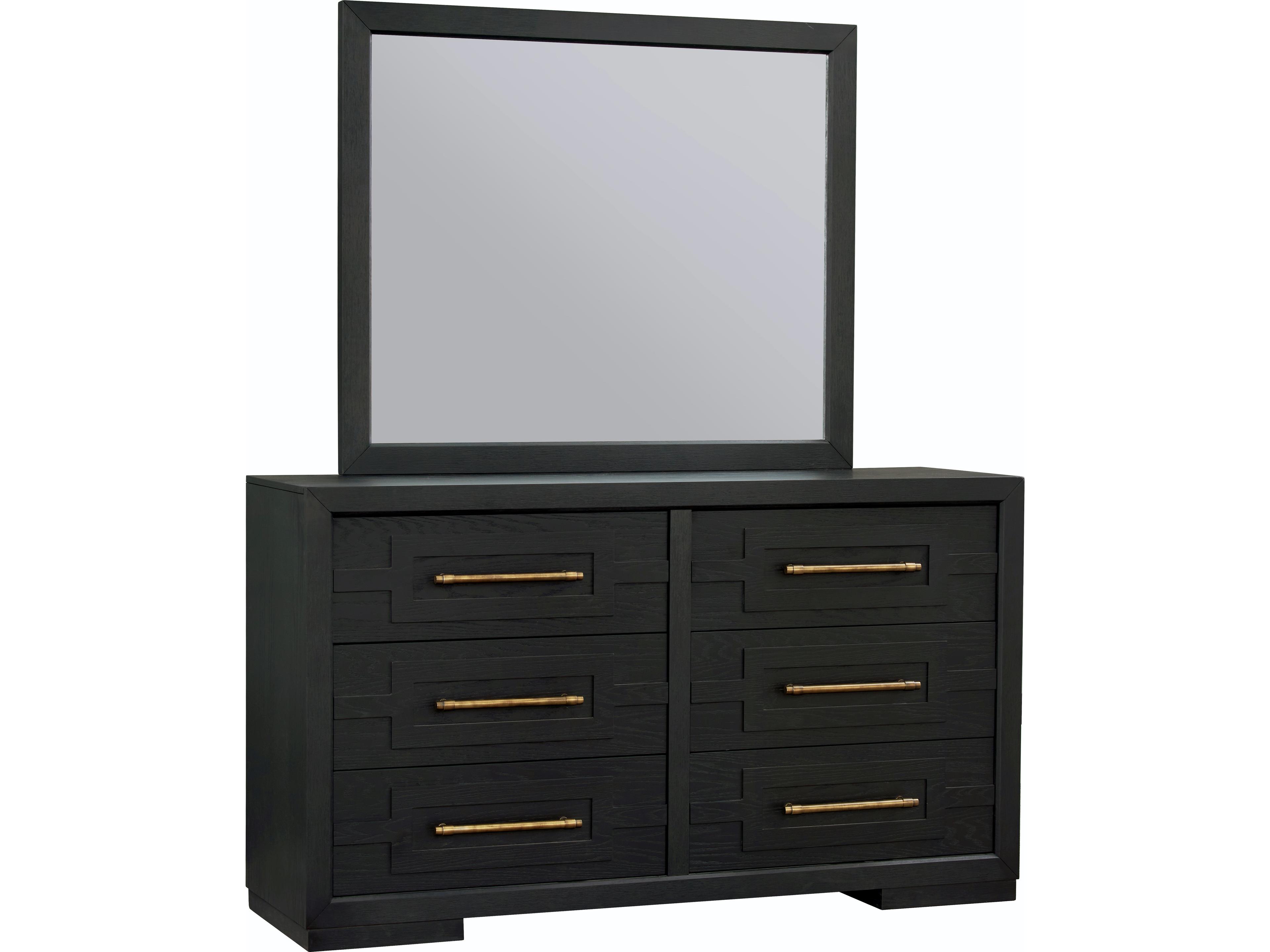 6-Drawers Black Oak Wood Double Dresser and Mirror Set
